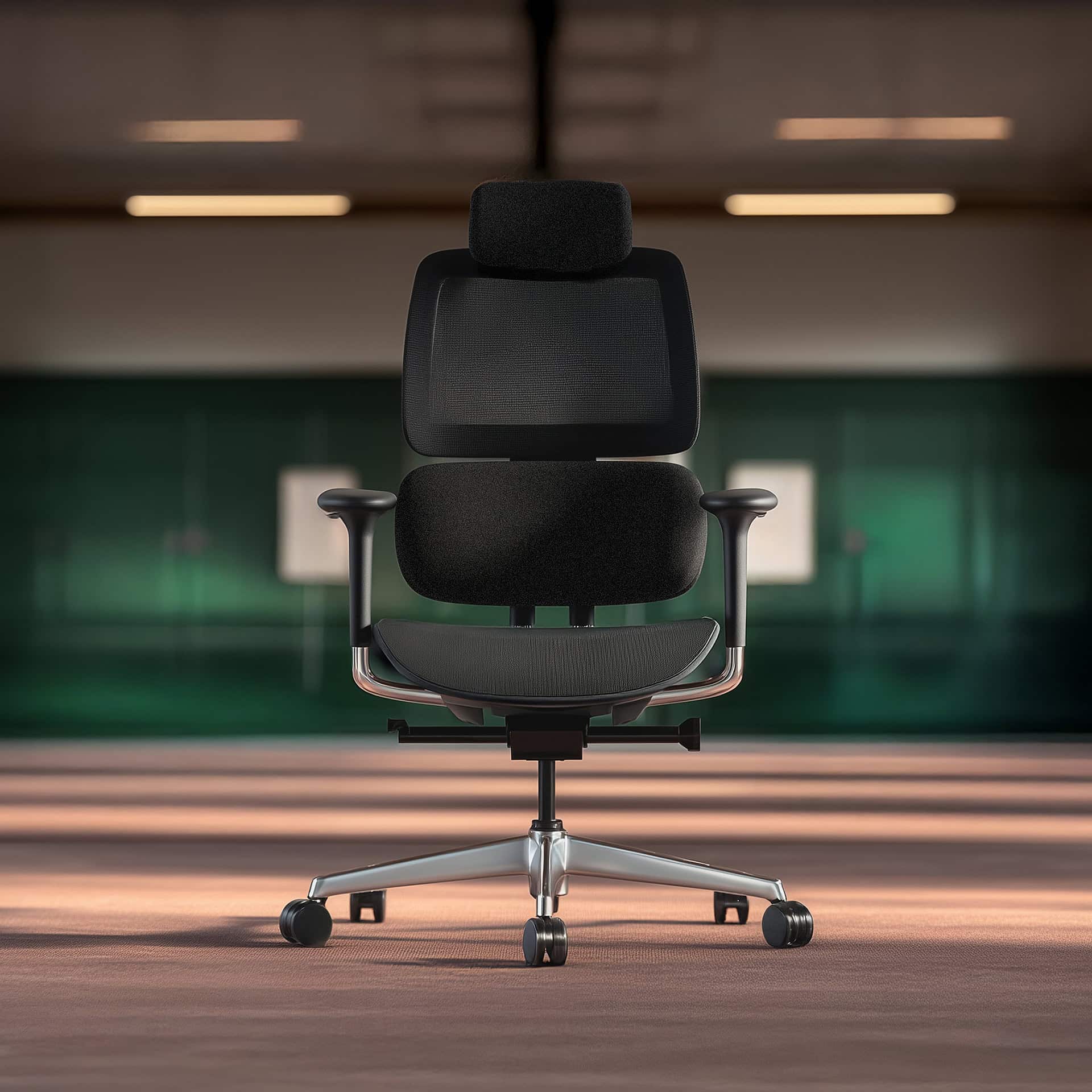 A black ergonomic office chair with a mesh back, padded headrest, and silver base, centered on a brown carpet with light streaks in a blurred office setting.