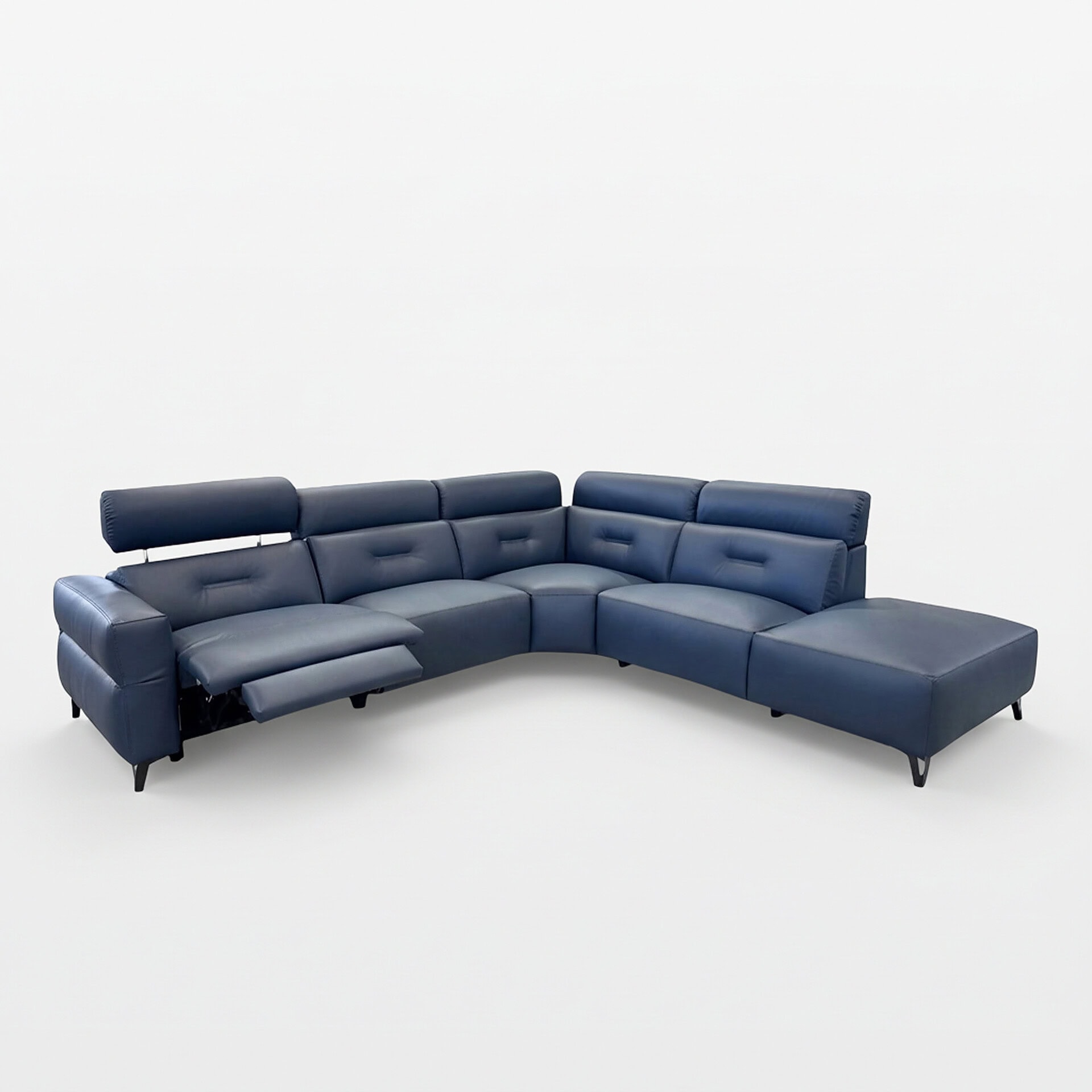 Luxurious navy blue leather sectional sofa with adjustable headrests and chaise lounge. Perfect for modern living rooms.
