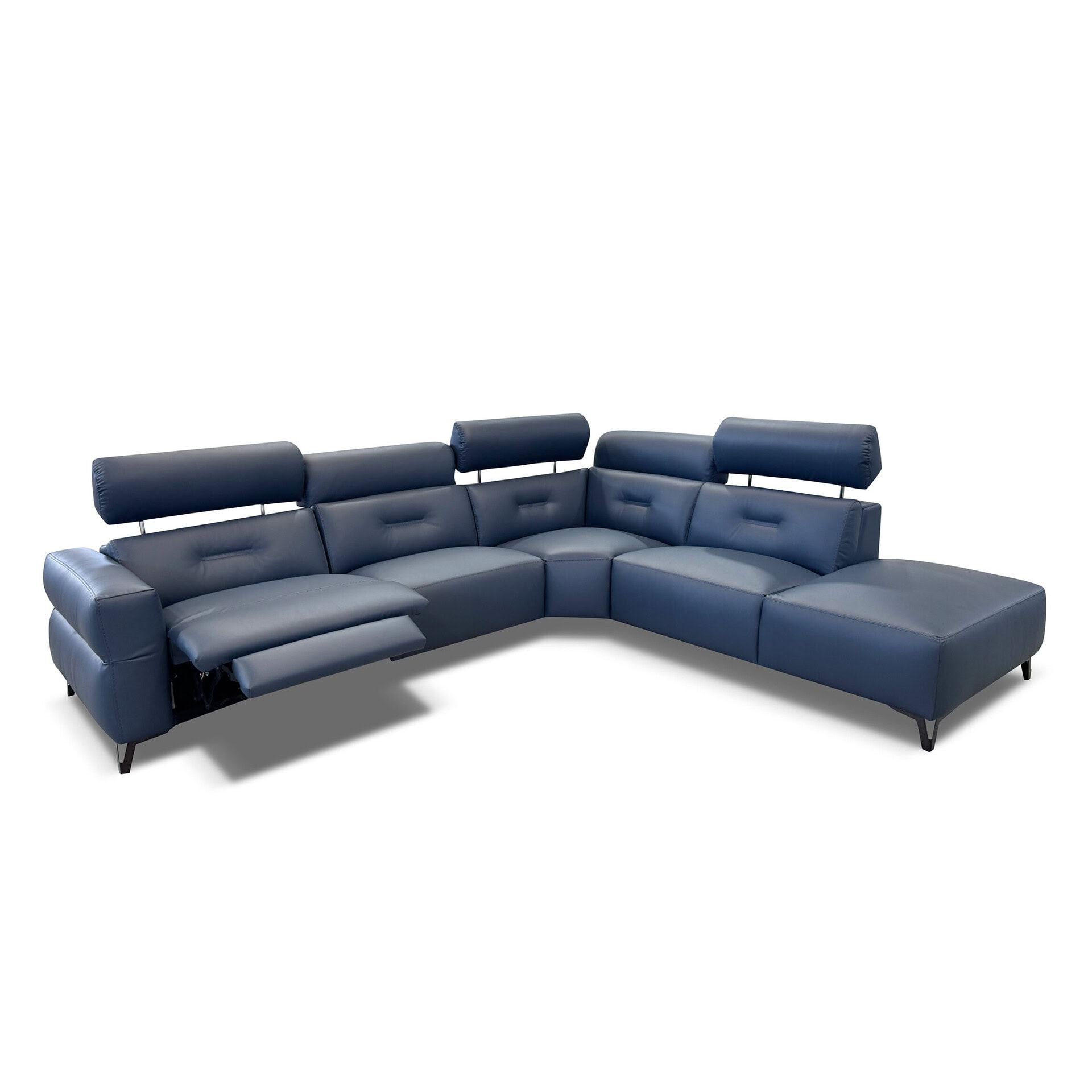 Stylish modern blue sectional sofa with adjustable headrests and plush leather upholstery. Perfect for contemporary living spaces.
