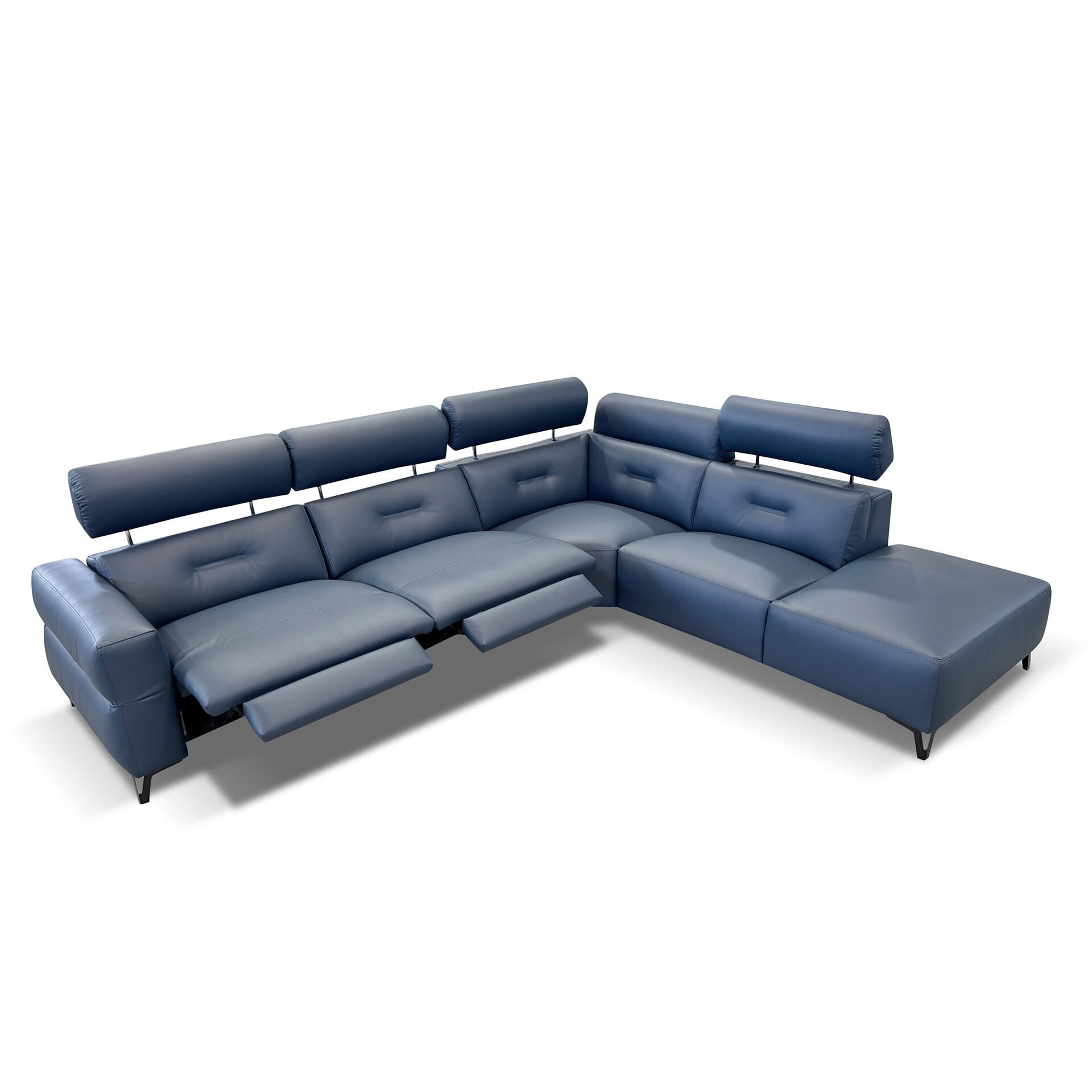 Contemporary navy blue leather sectional with adjustable headrests and reclining seats.