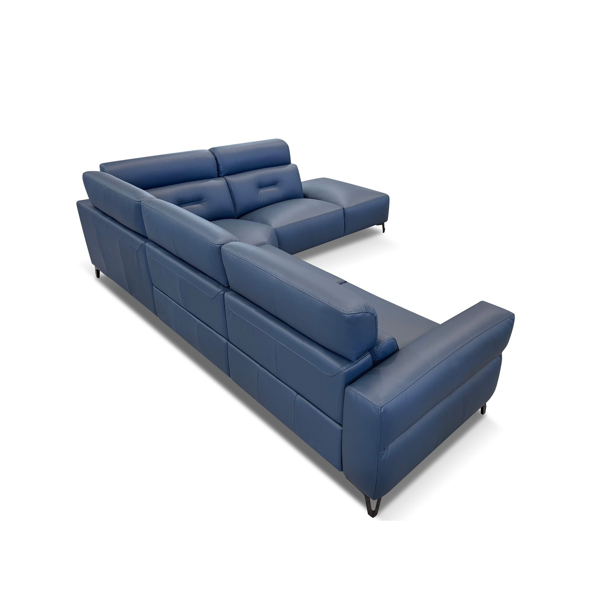 Premium leather blue sectional sofa with comfortable cushions and sleek design.