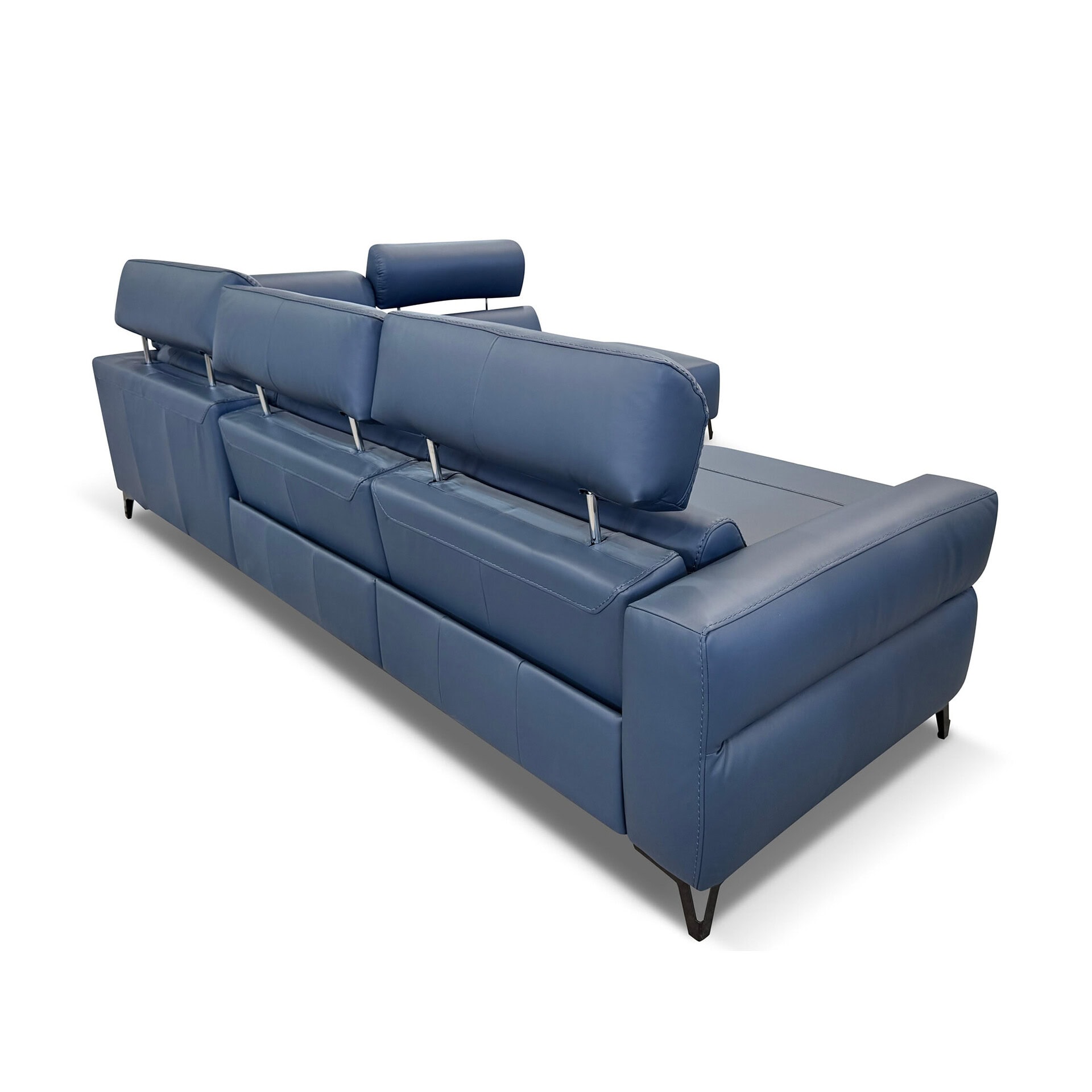 Blue leather sectional sofa with adjustable headrests, contemporary design, perfect for stylish living rooms.