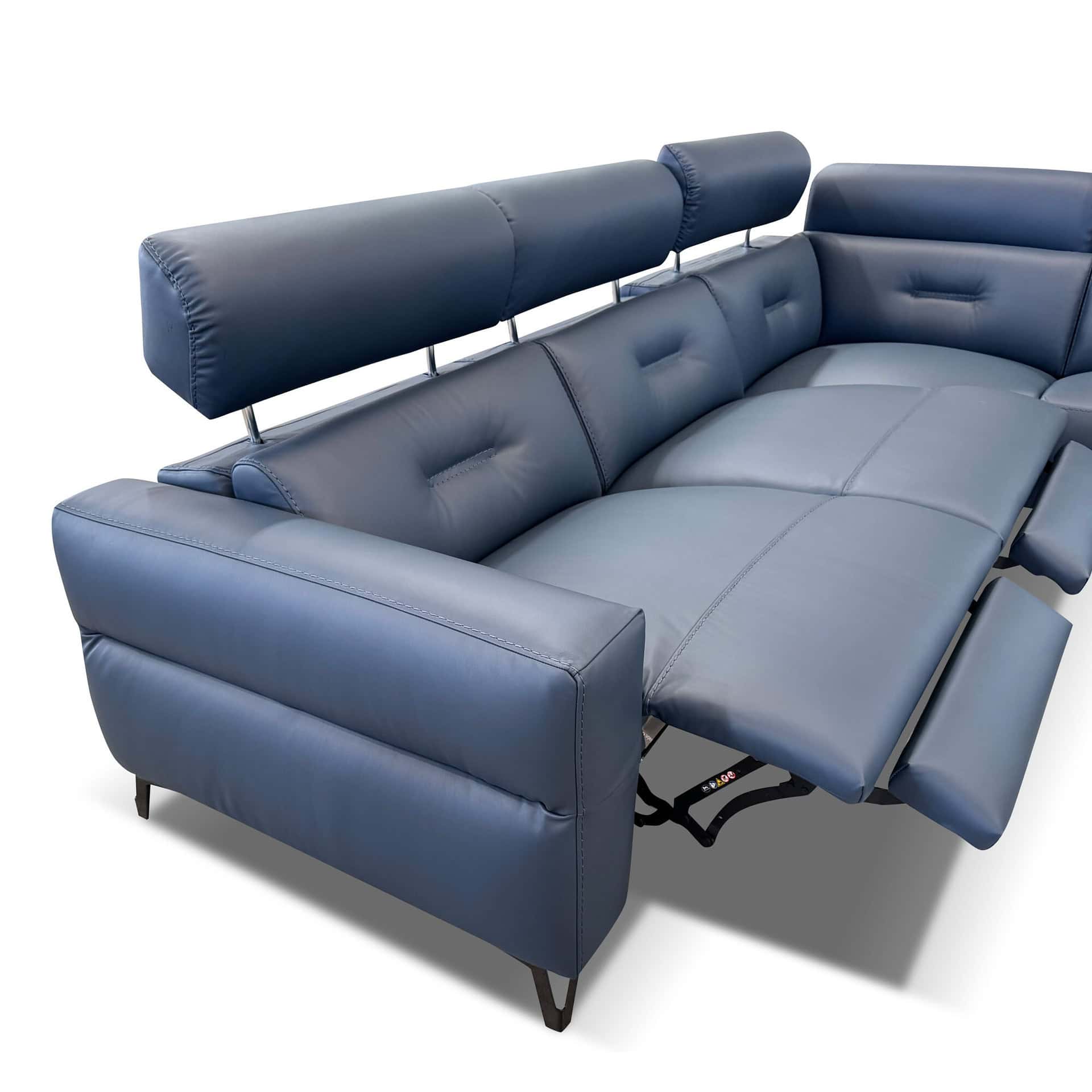 Comfortable blue sofa bed with adjustable reclining feature and plush cushions. Perfect for contemporary living rooms.