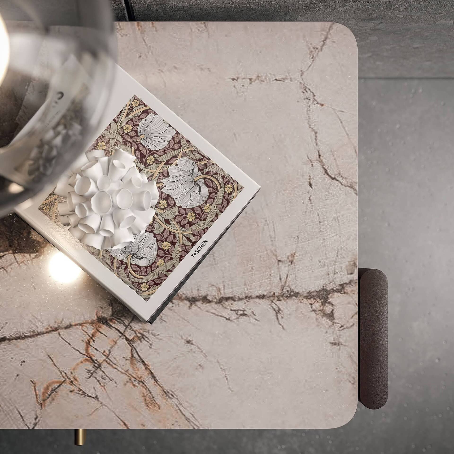 Top-down view of Julian Nightstand showing a close-up of its ceramic surface in Corcovado finish, styled with a decorative tray.