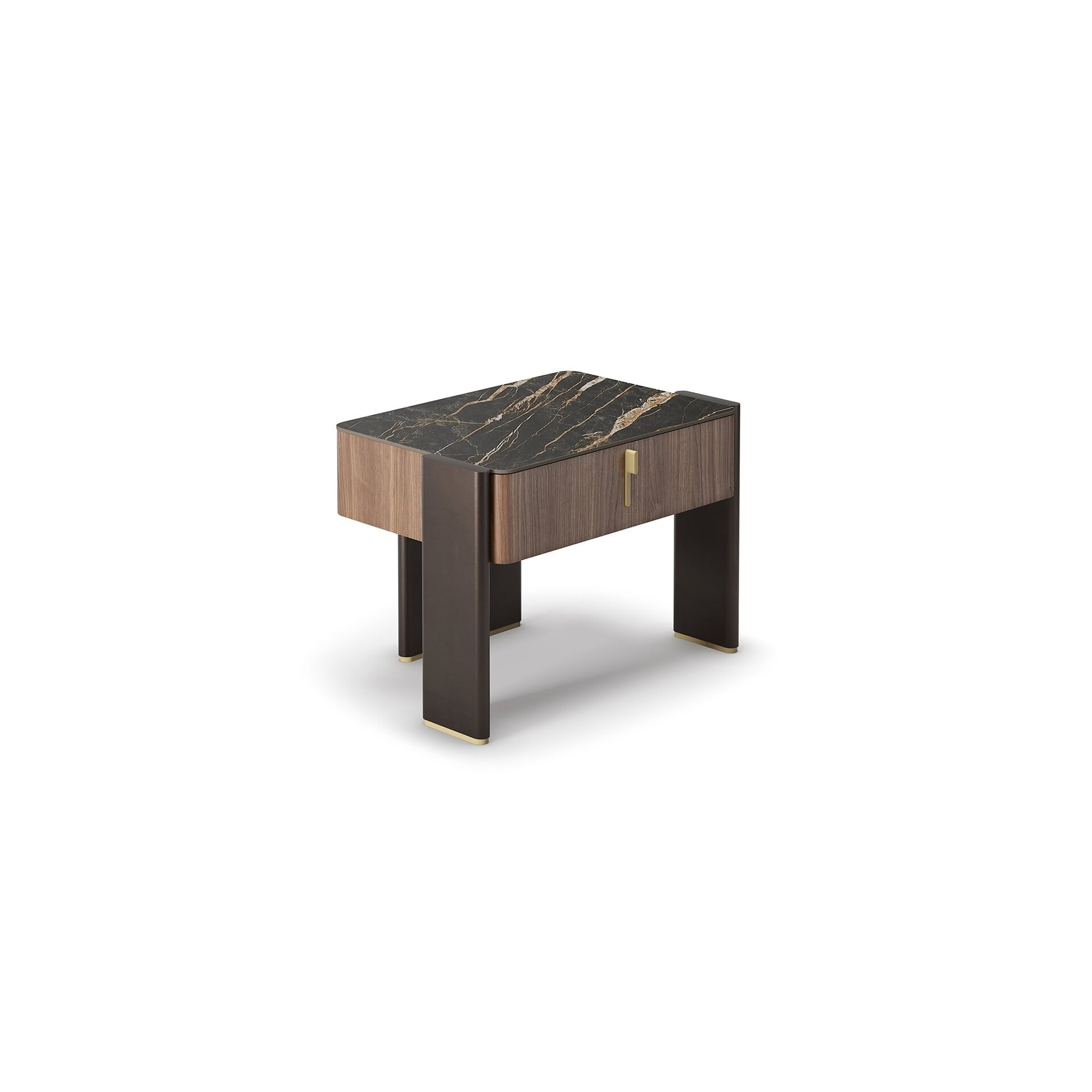 Studio product shot of Julian Nightstand with a dark Portoro ceramic top and walnut drawer, isolated on white background.