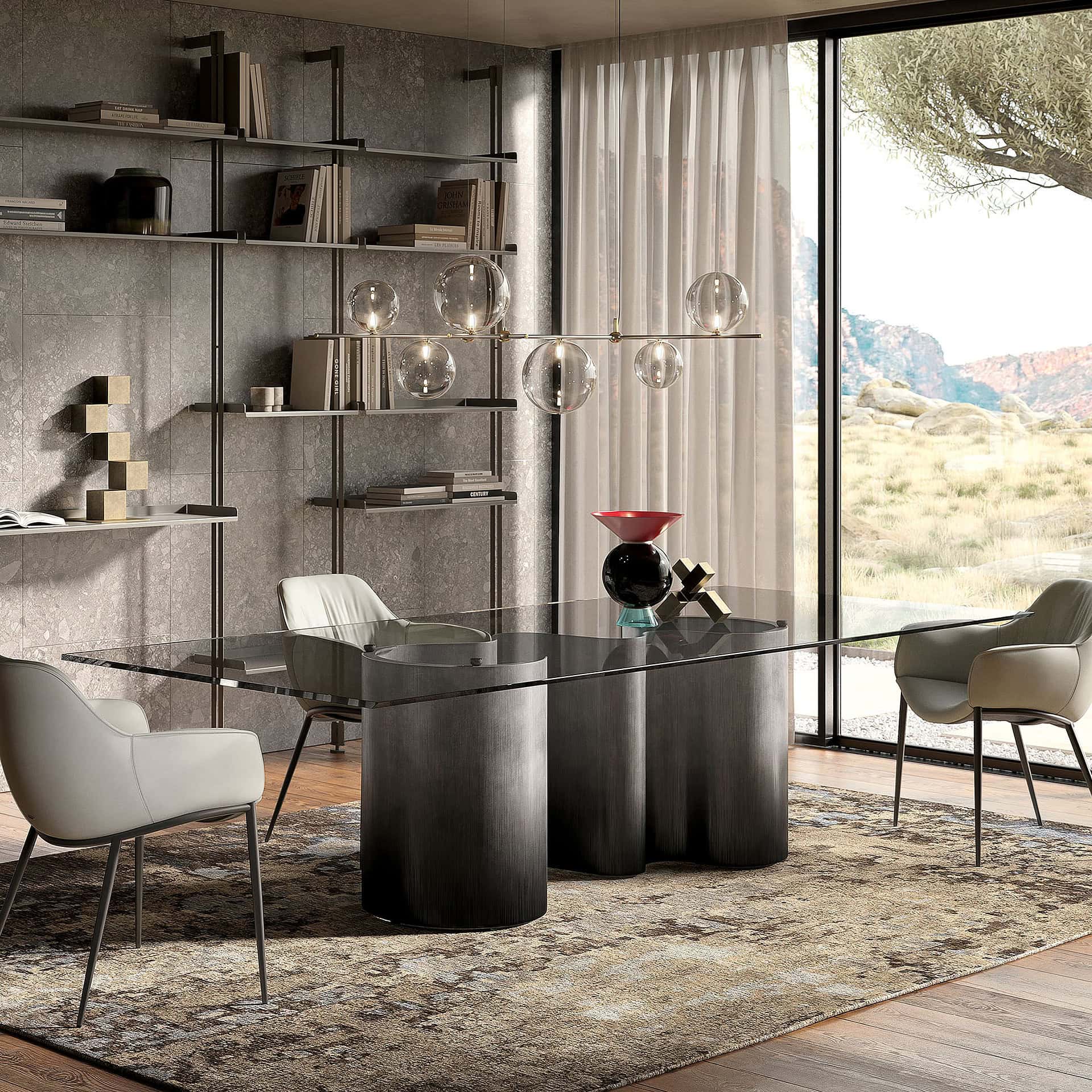 Contemporary office desk with glass top and metal base in a stylish workspace.