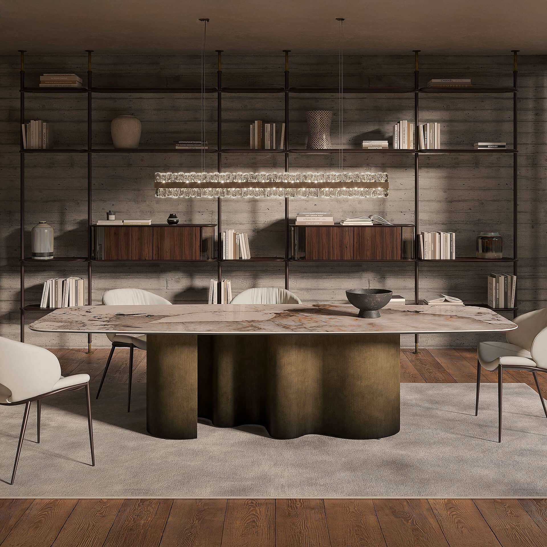 Elegant dining room featuring contemporary furniture and wall-mounted shelving.