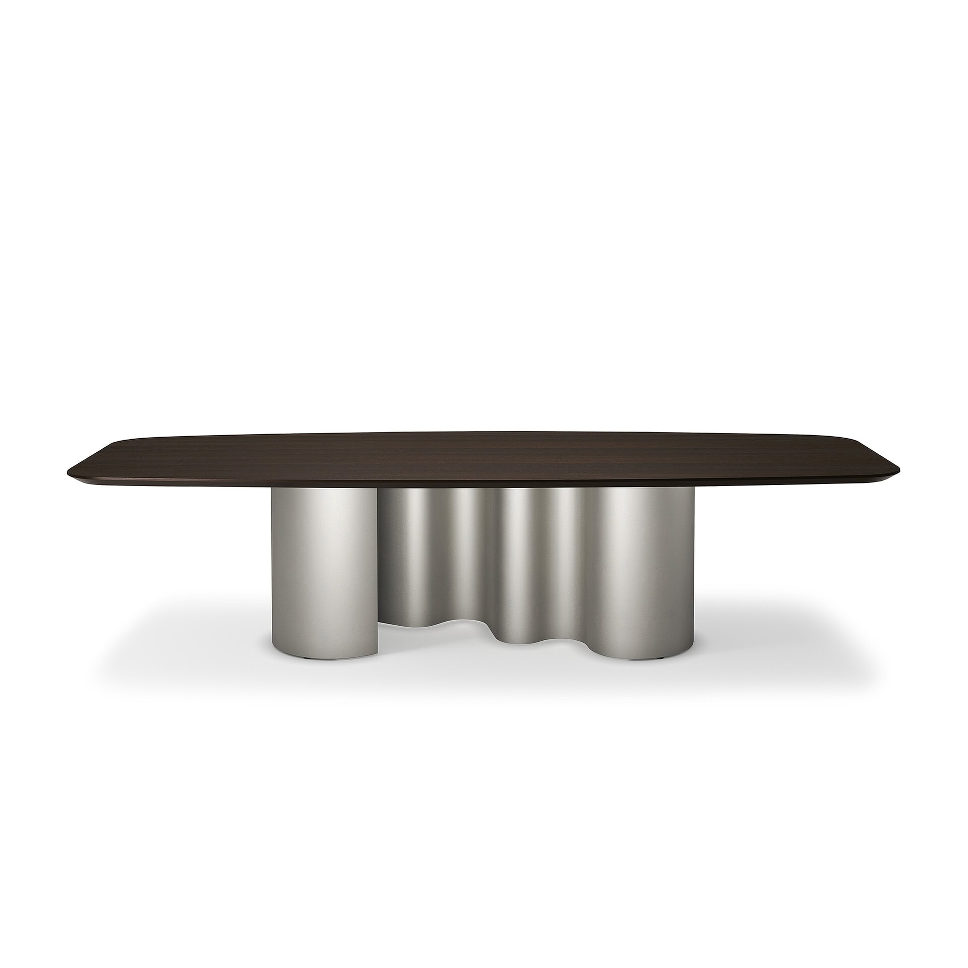 Modern dining table with a dark brown rectangular top and a wavy, sculptural silver metallic base on a white background.