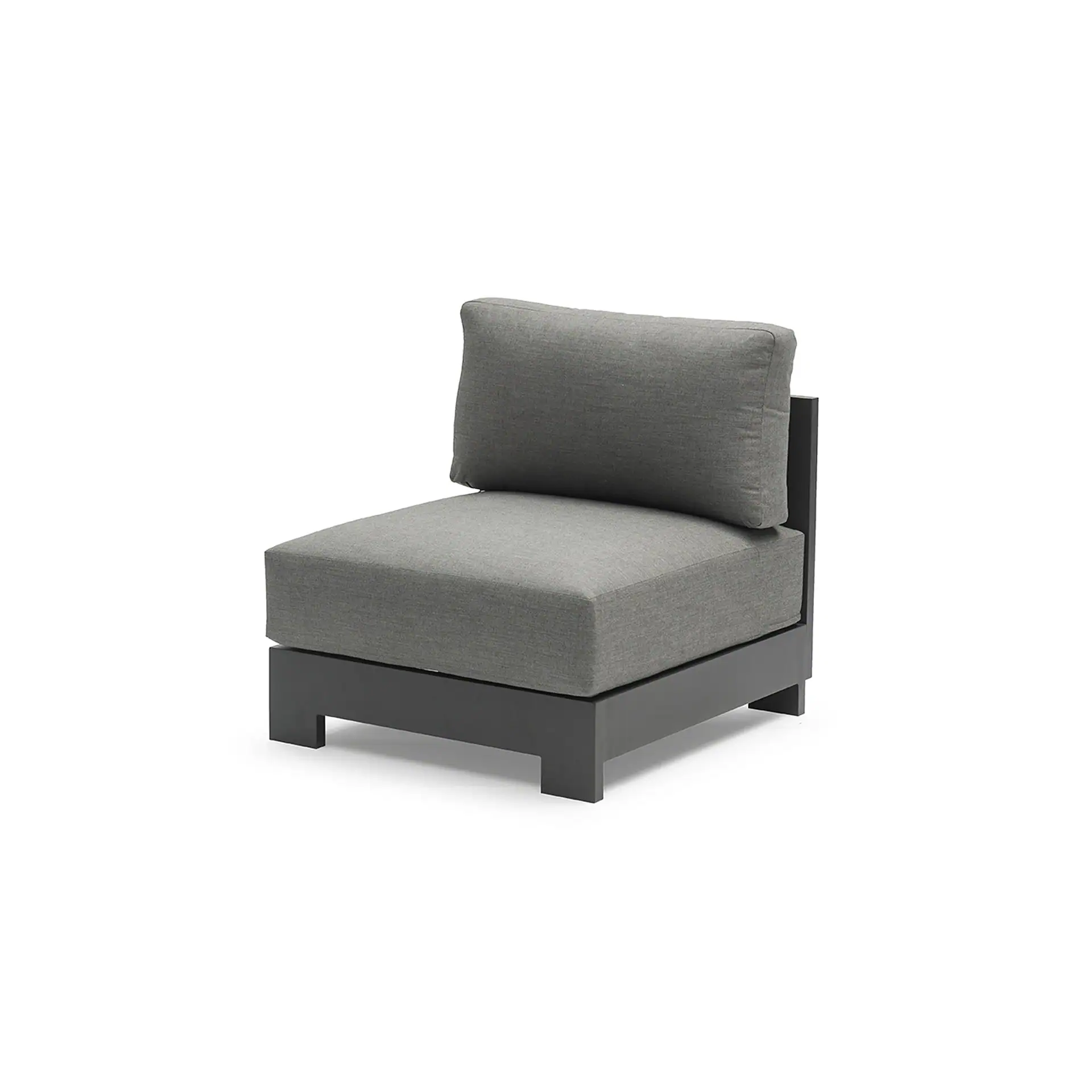 A gray modular outdoor armless chair with a dark gray frame and light gray cushions, shown against a white background.