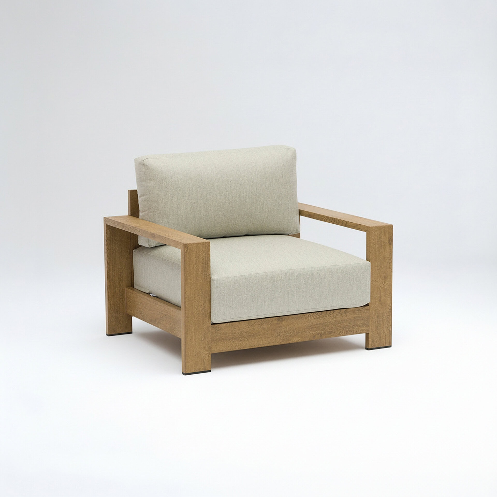 Outdoor lounge chair with wooden frame and beige cushions. Perfect for relaxing in outdoor spaces.