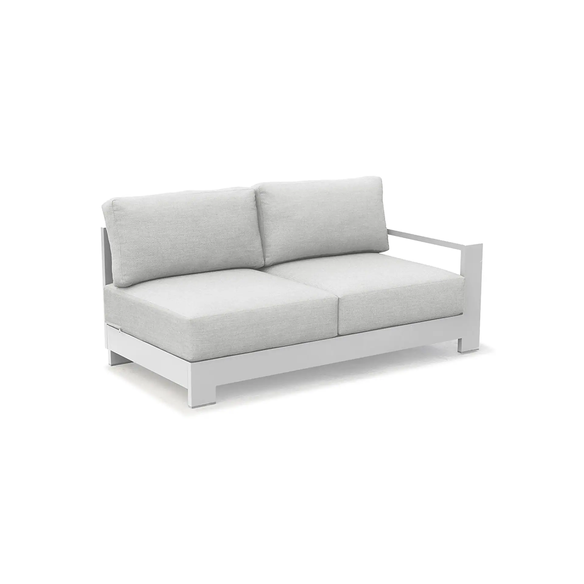 A light grey two-seater outdoor sofa with a white metal frame, featuring a single armrest on the right side, against a white background.