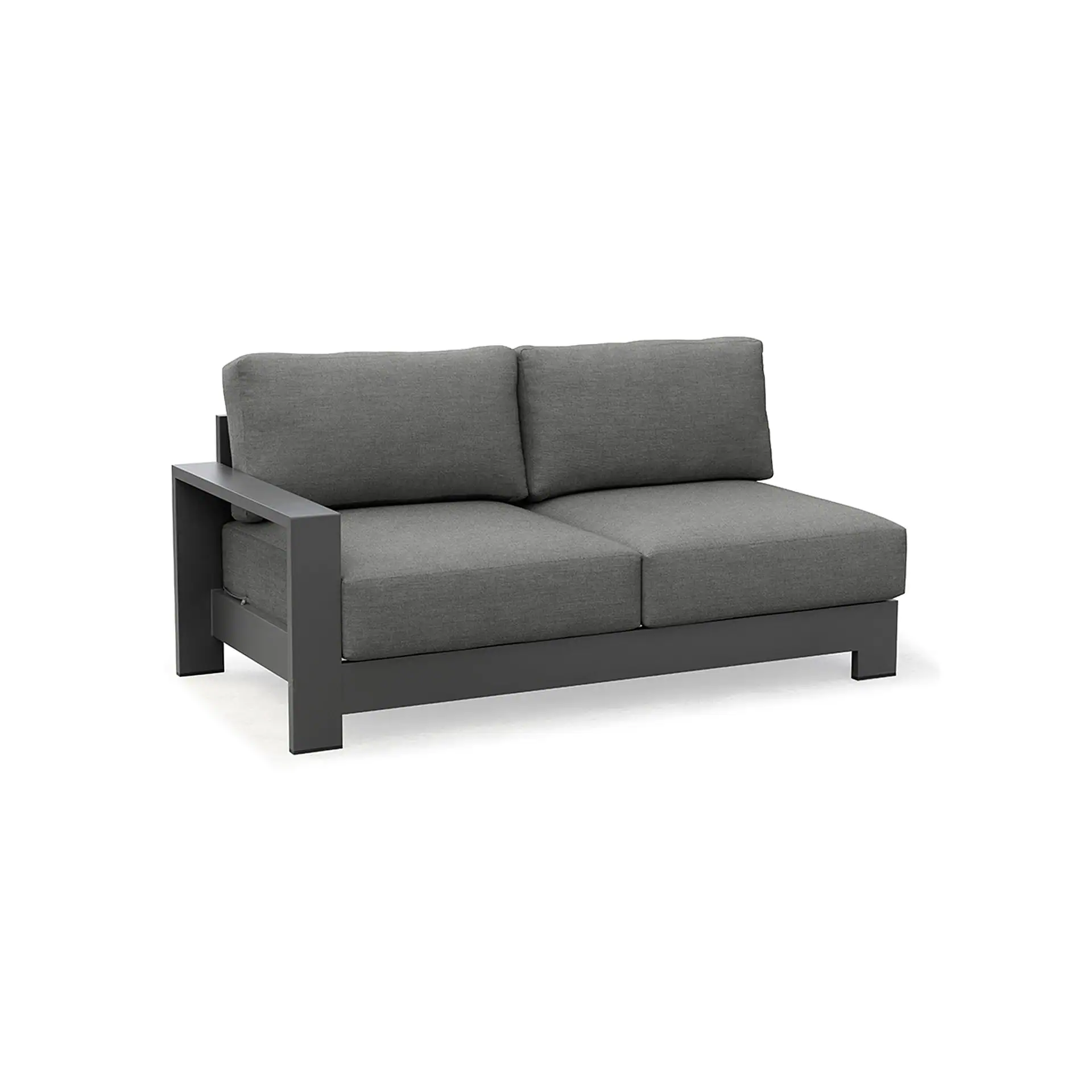 A modern two-seater outdoor sofa with a dark gray frame and light gray cushions on a white background.