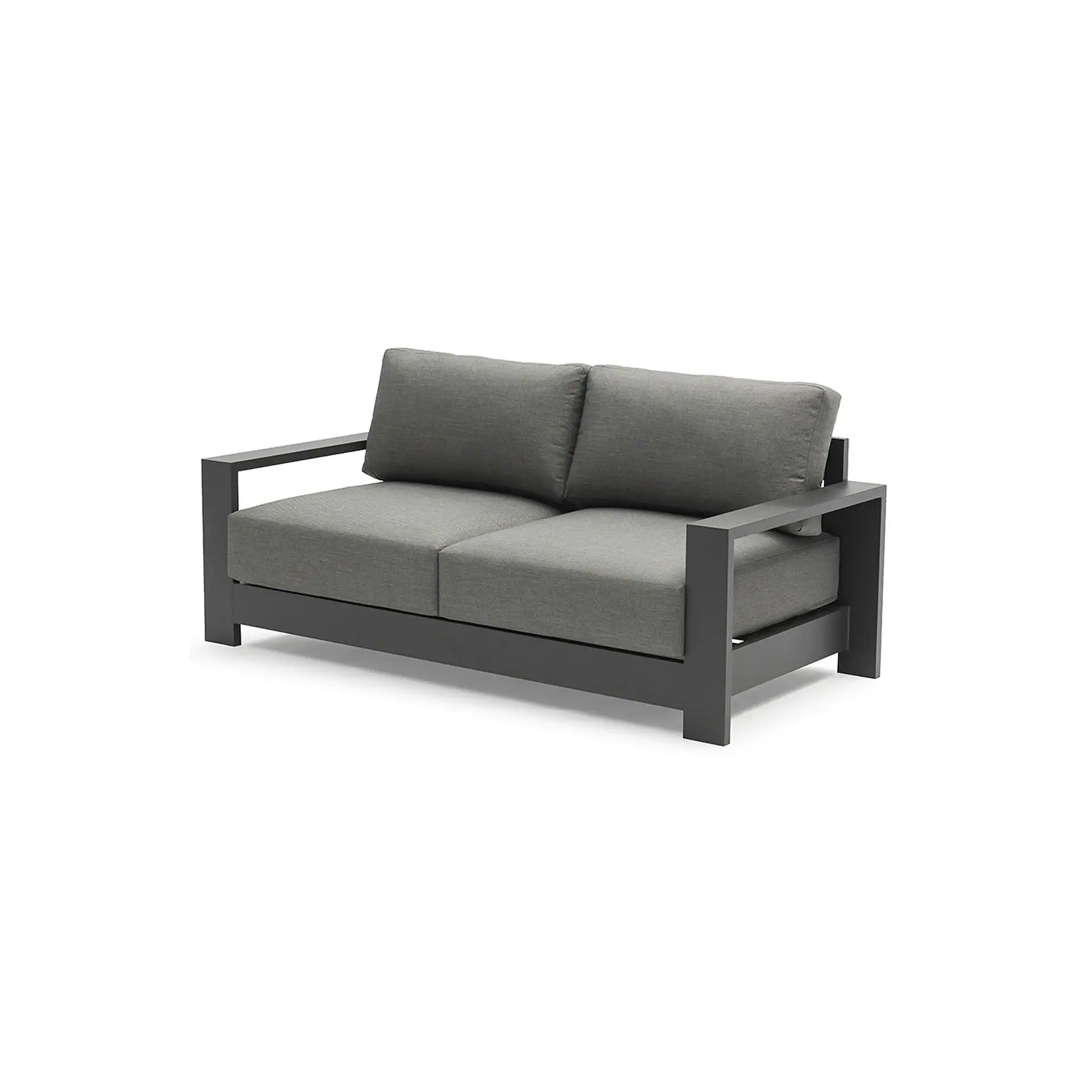 A modern two-seater sofa with a dark gray metal frame and light gray fabric cushions, shown against a white background.