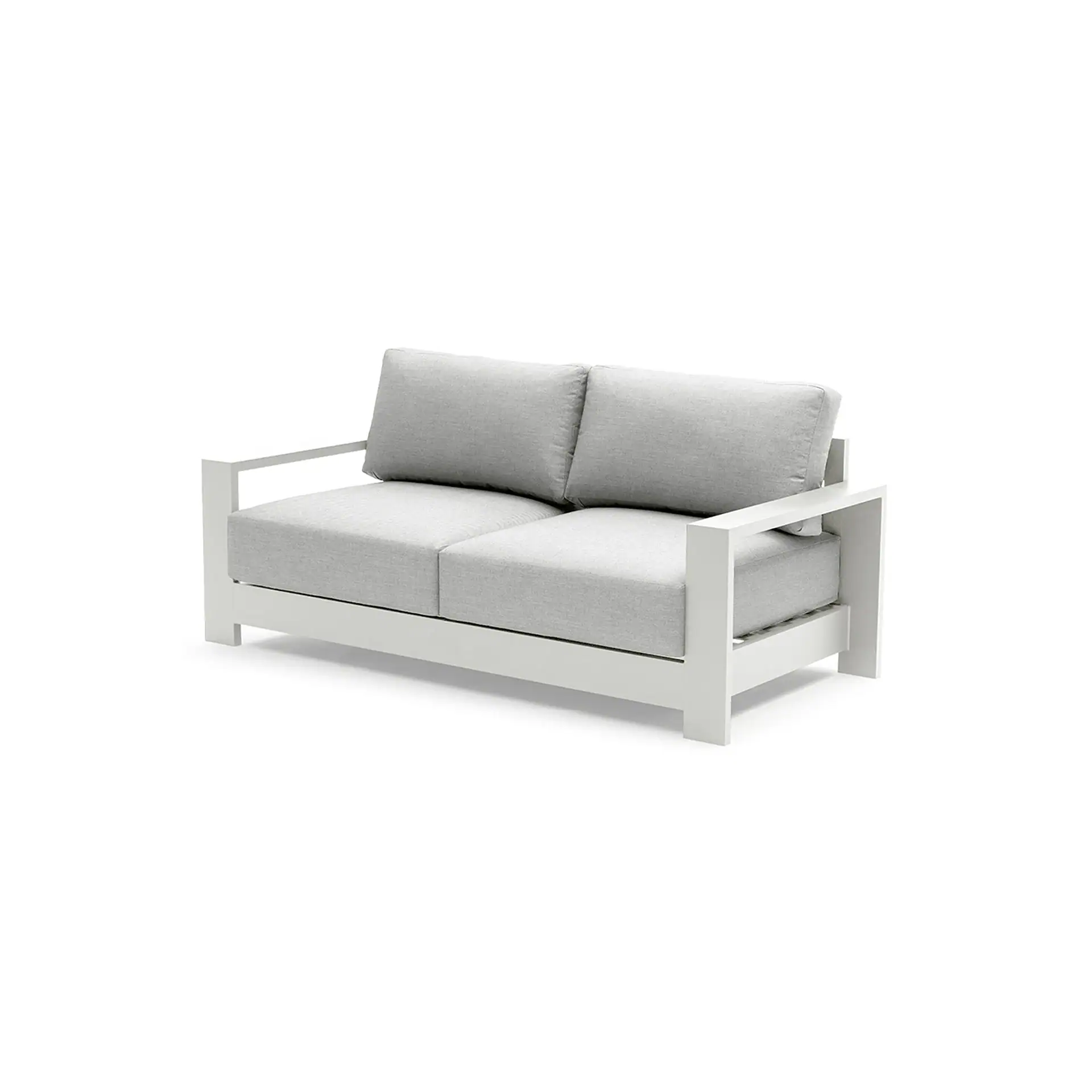 A modern two-seater sofa with a white frame and light grey cushions on a white background.