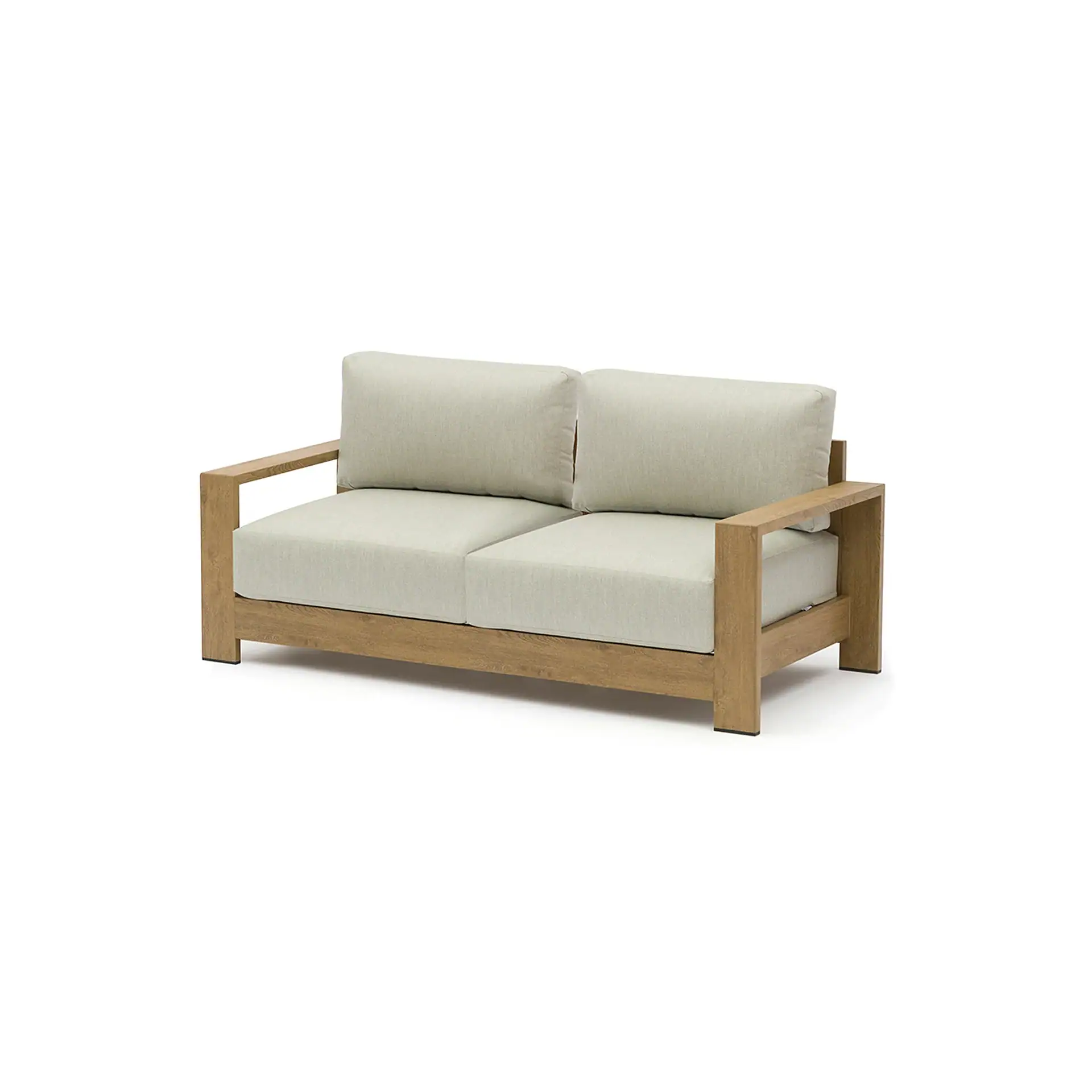 A two-seater sofa with a light wood frame and light beige cushions, viewed from a slight angle on a white background.