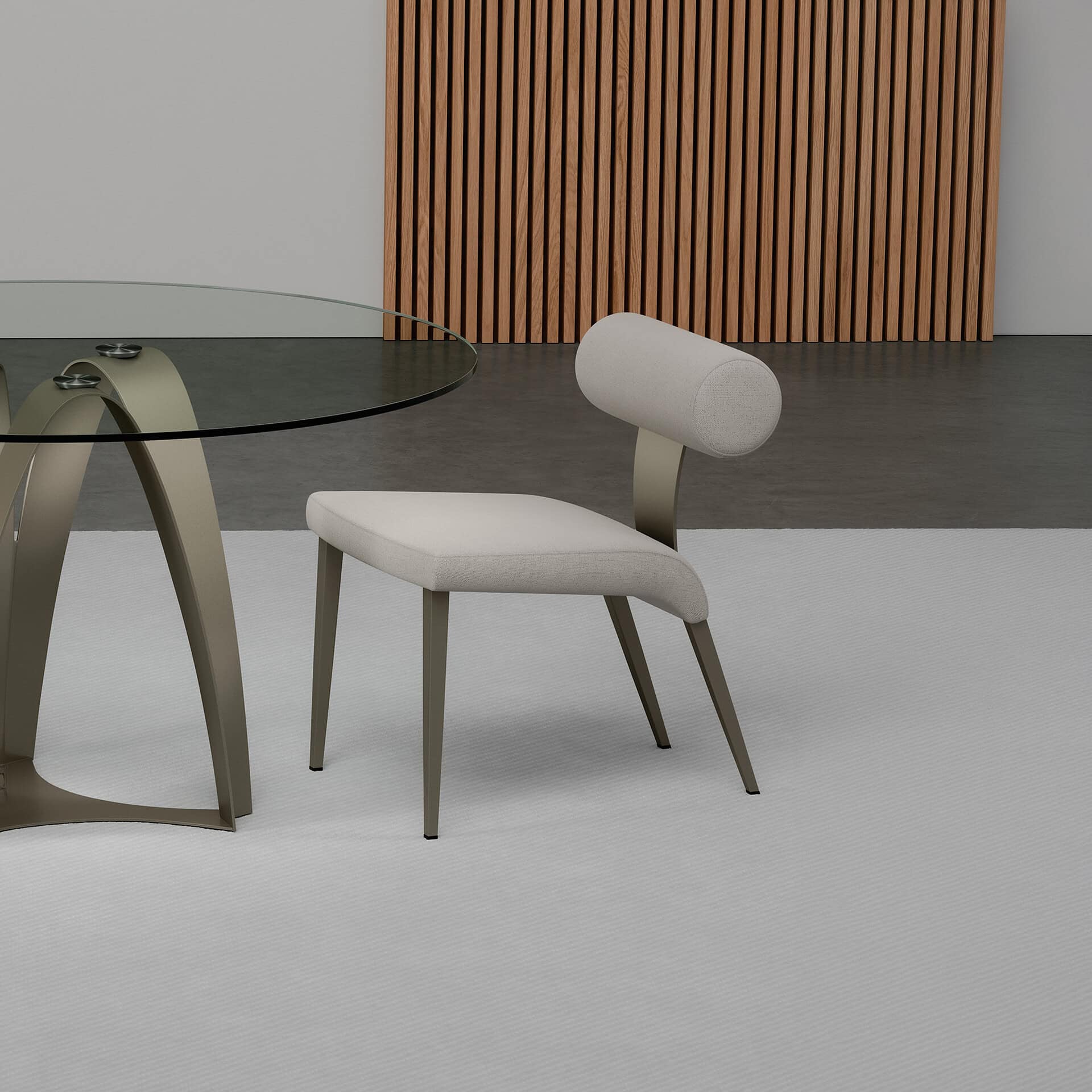 Elegant Bolo upholstered dining chair with modern design and neutral fabric. Perfect for contemporar.