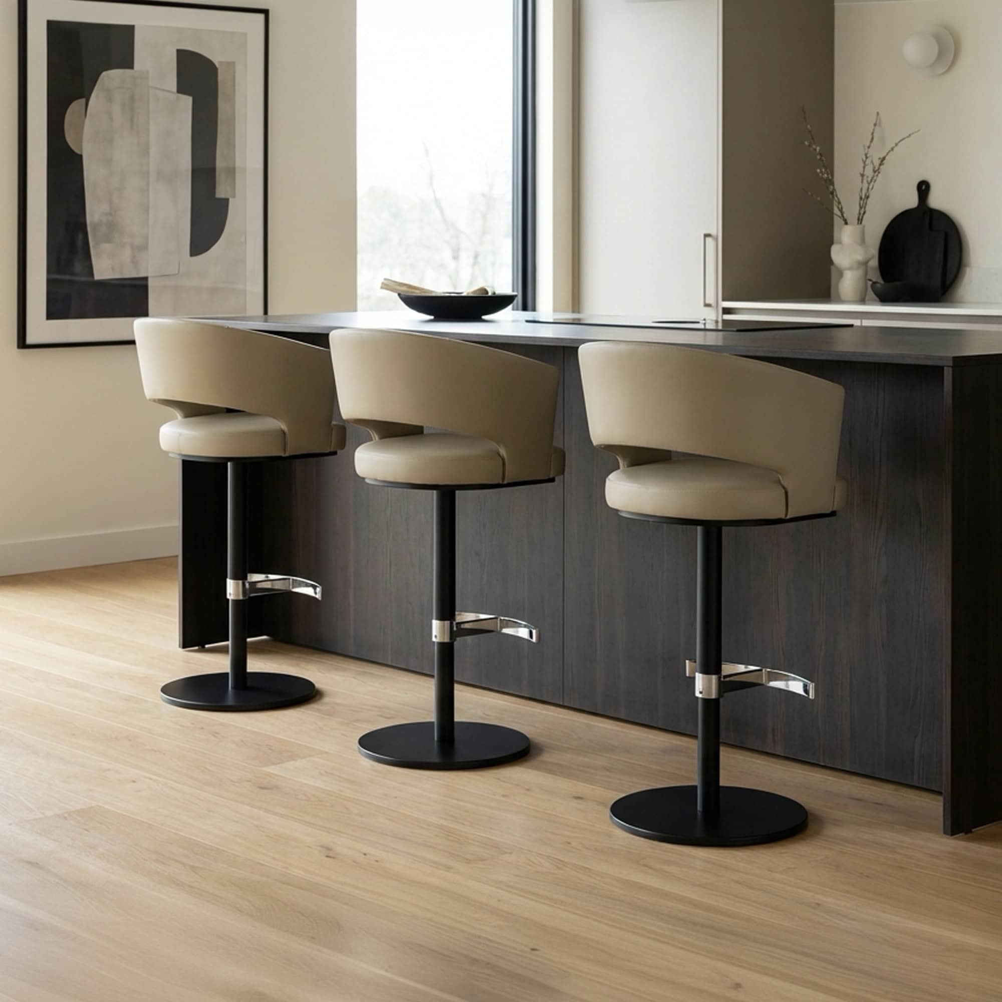Modern upholstered swivel bar stool with beige cushion and black base.