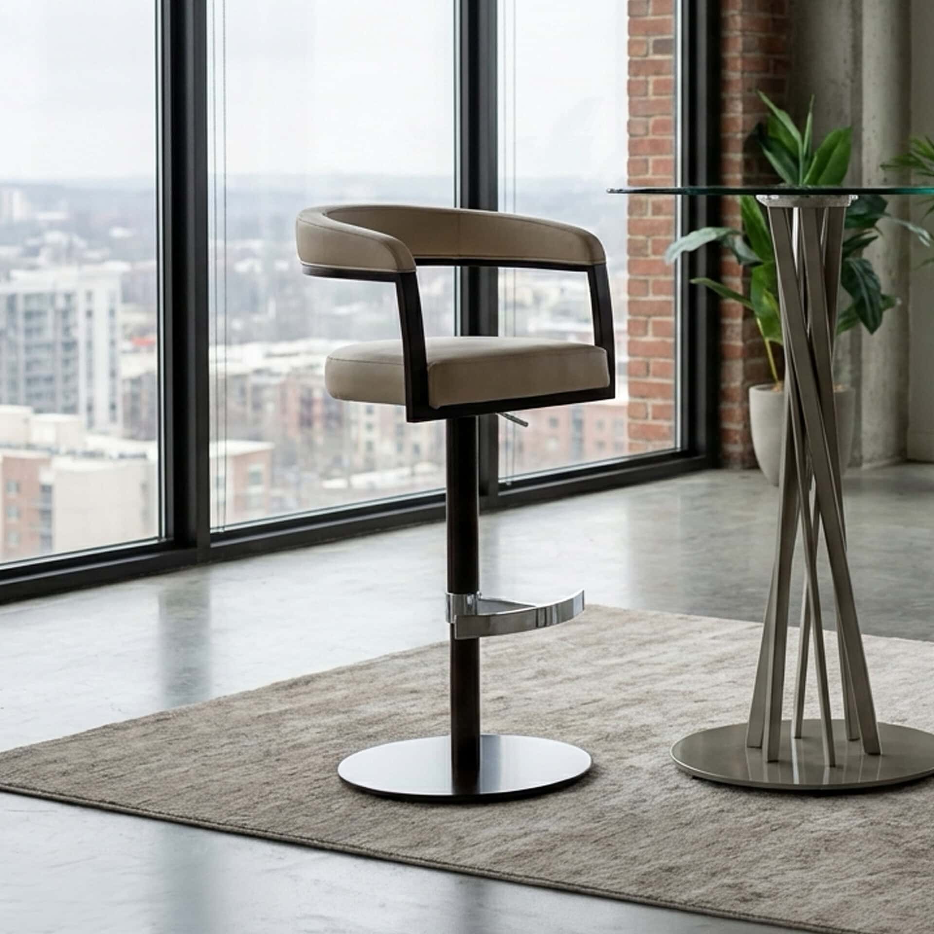 Modern Helix adjustable swivel bar stool with cushioned seat and backrest.
