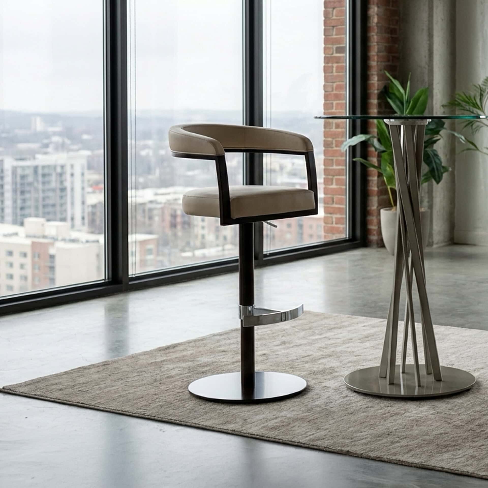 Modern Helix adjustable swivel bar stool with cushioned seat and backrest.