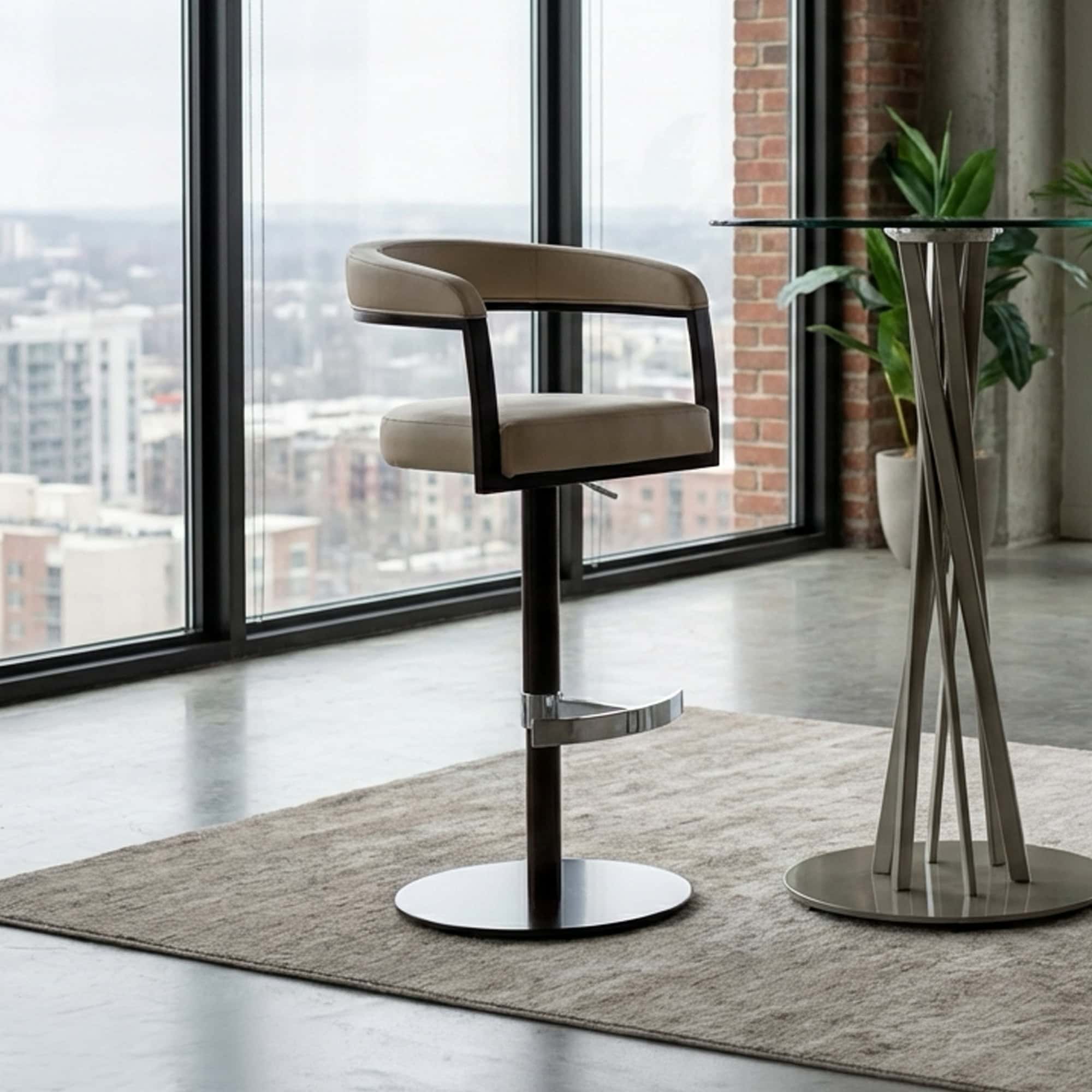 Modern Helix adjustable swivel bar stool with cushioned seat and backrest.