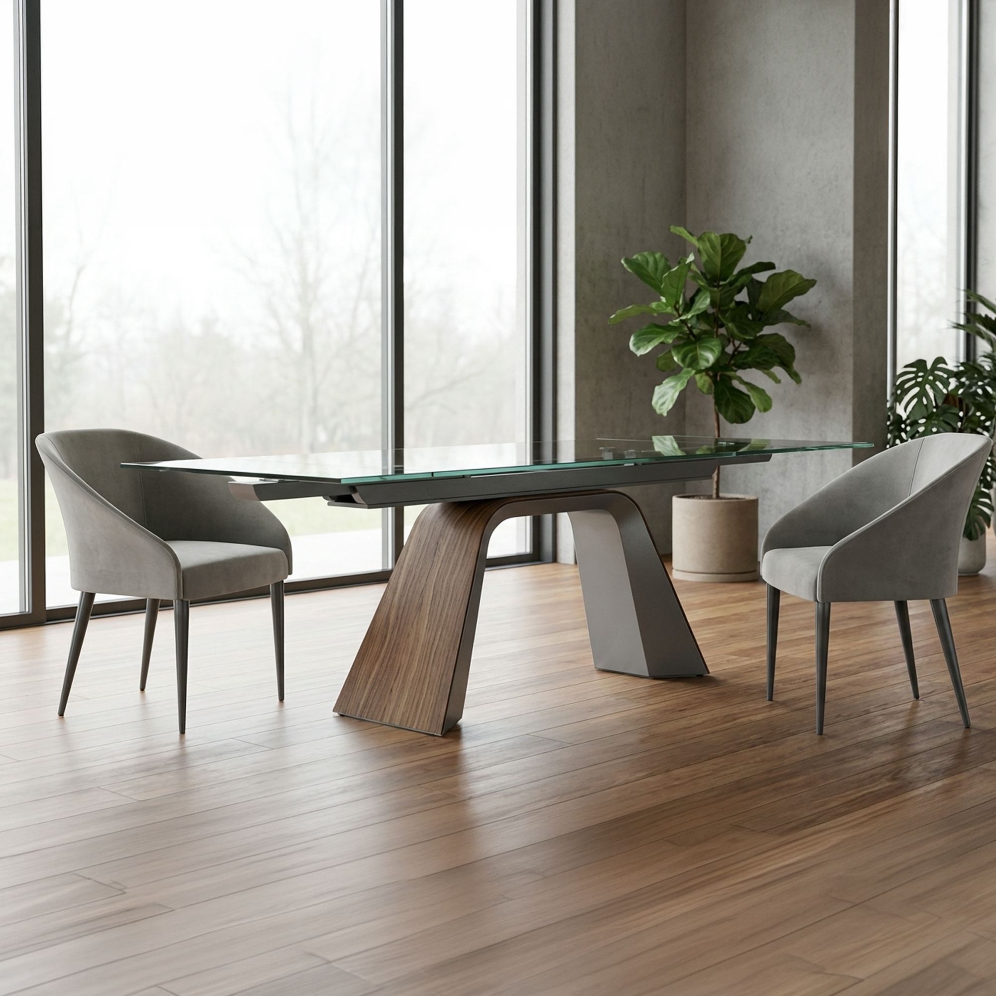 Extendable dining table with glass top and modern wooden base. Perfect for versatile dining spaces.
