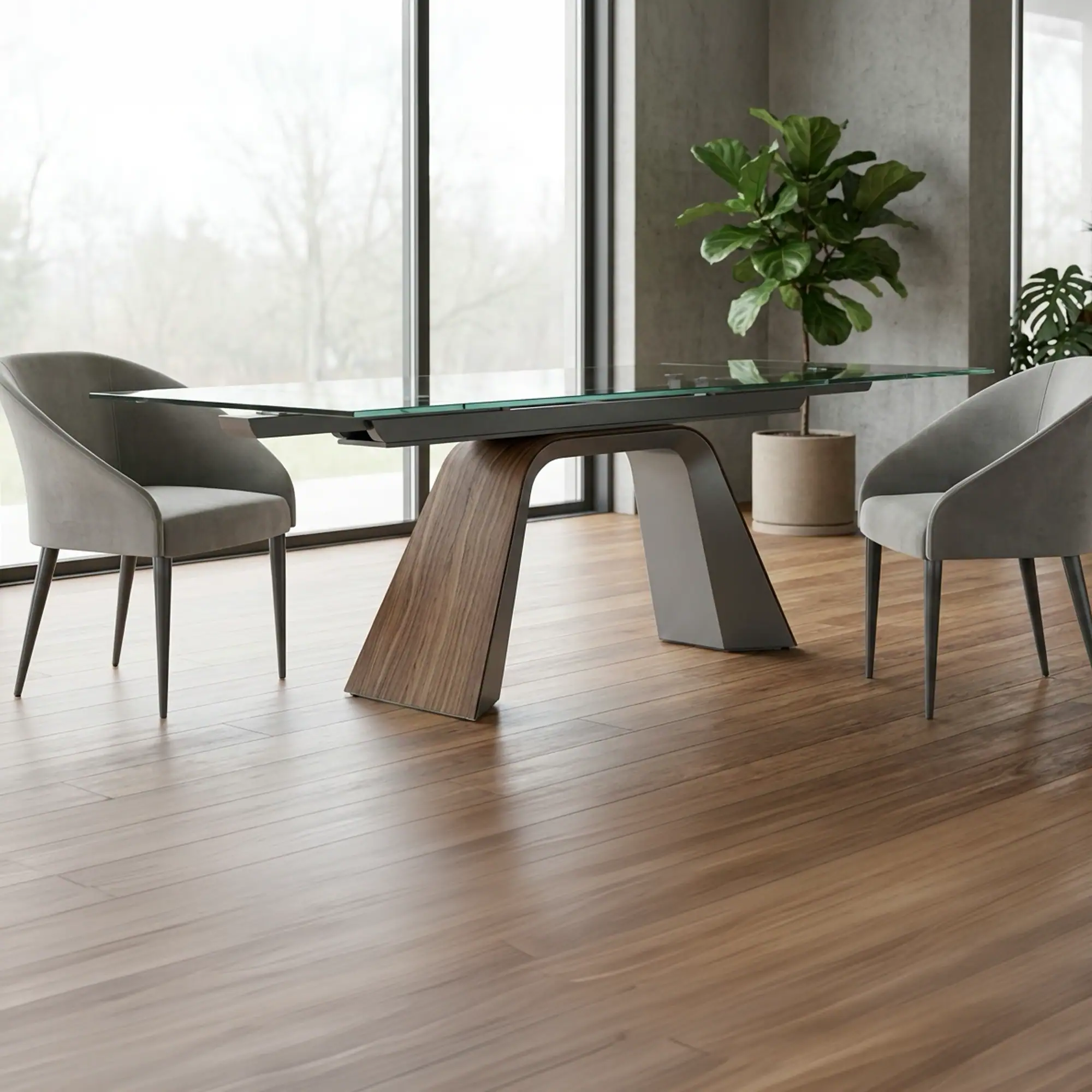 Extendable dining table with glass top and modern wooden base. Perfect for versatile dining spaces.