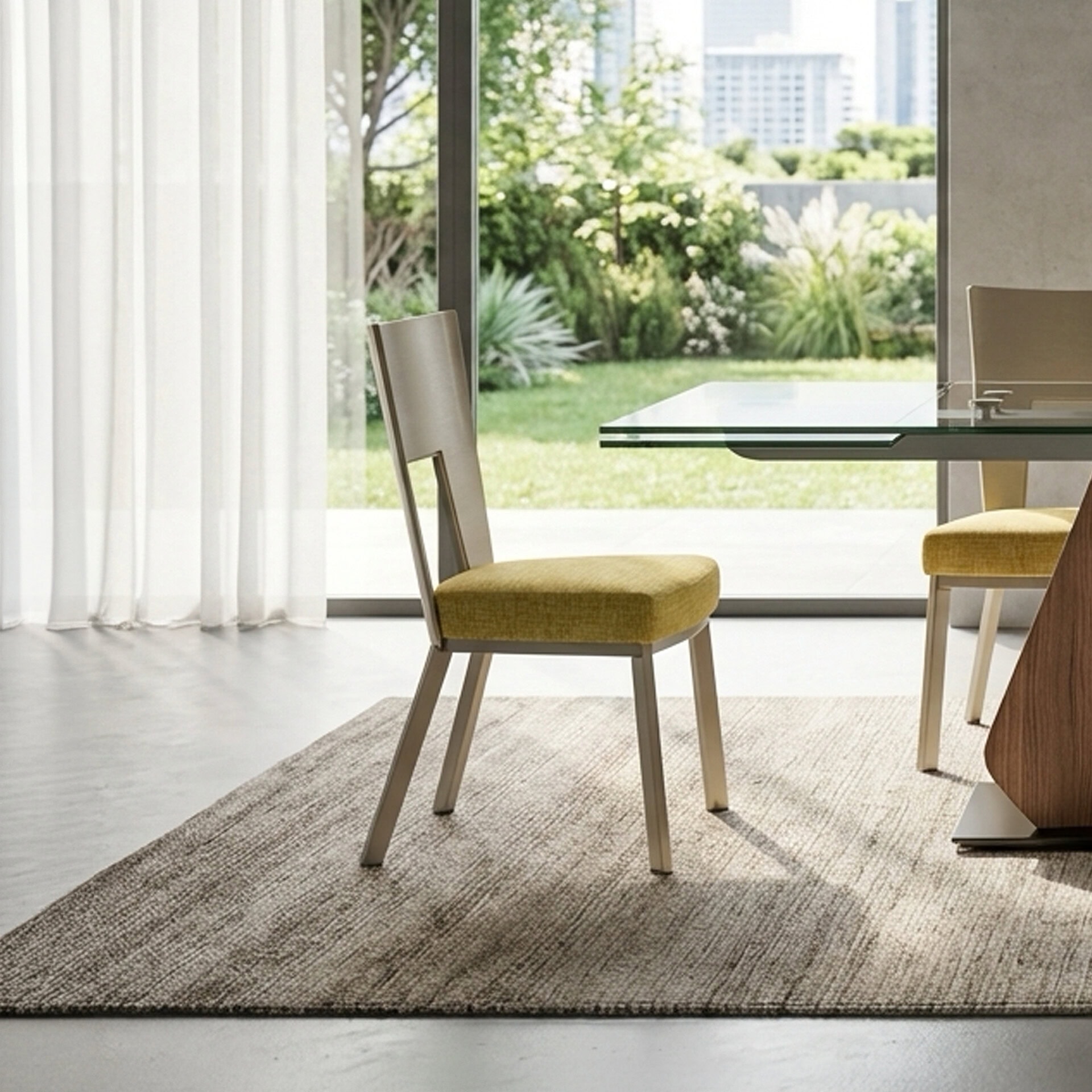 Upholstered dining chair with a sleek wooden frame and mustard-yellow fabric, perfect for contempora.