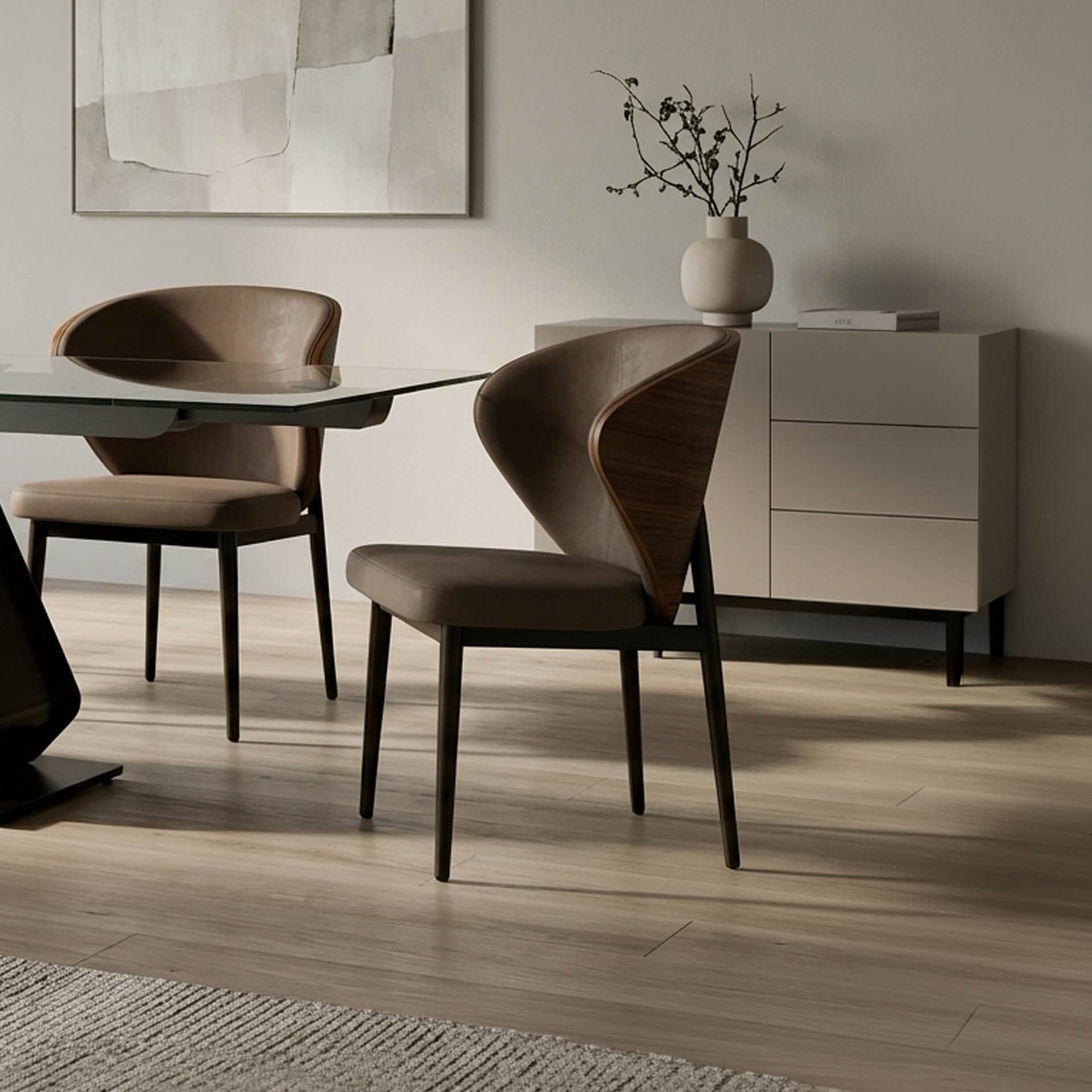 Upholstered dining chair with wooden accents, modern design, perfect for contemporary dining rooms.