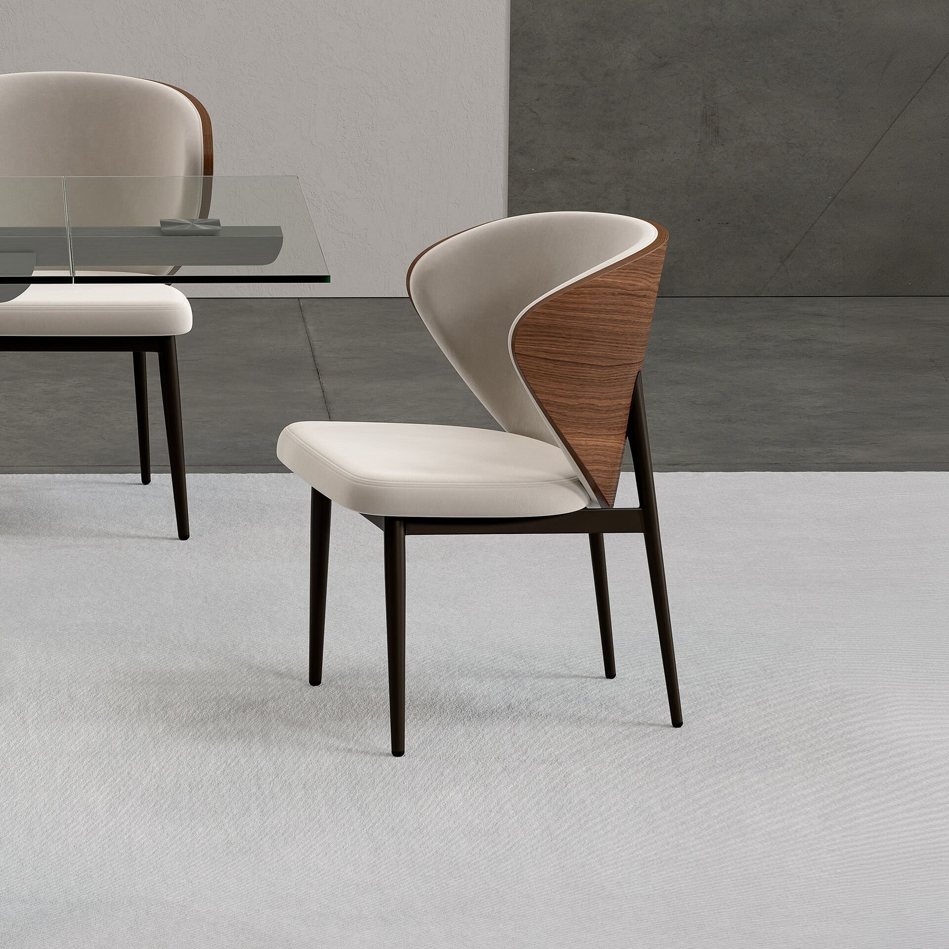 Upholstered dining chair with wooden backrest, modern design, perfect for elegant dining rooms.