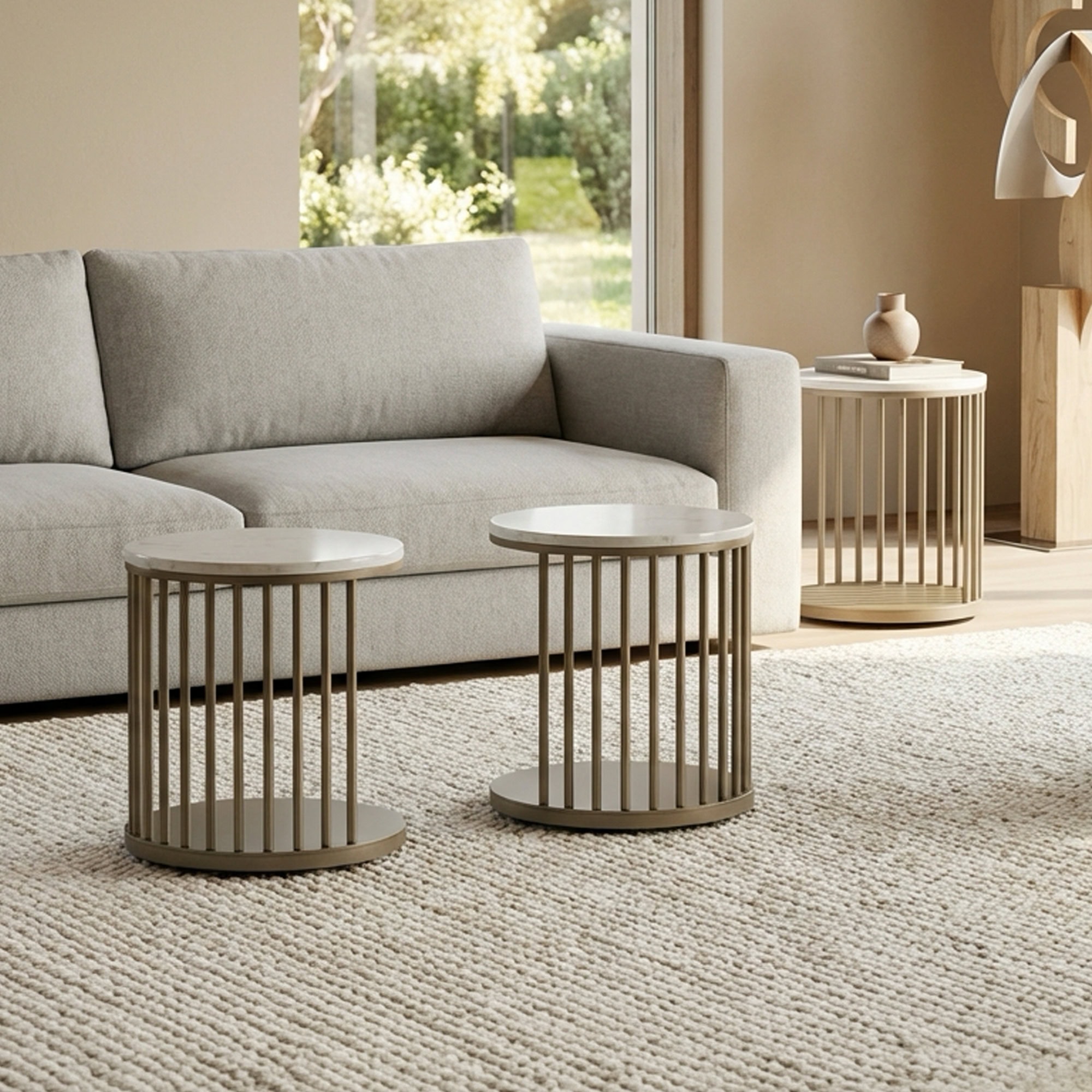 Accent tables with spoke design for modern living spaces.