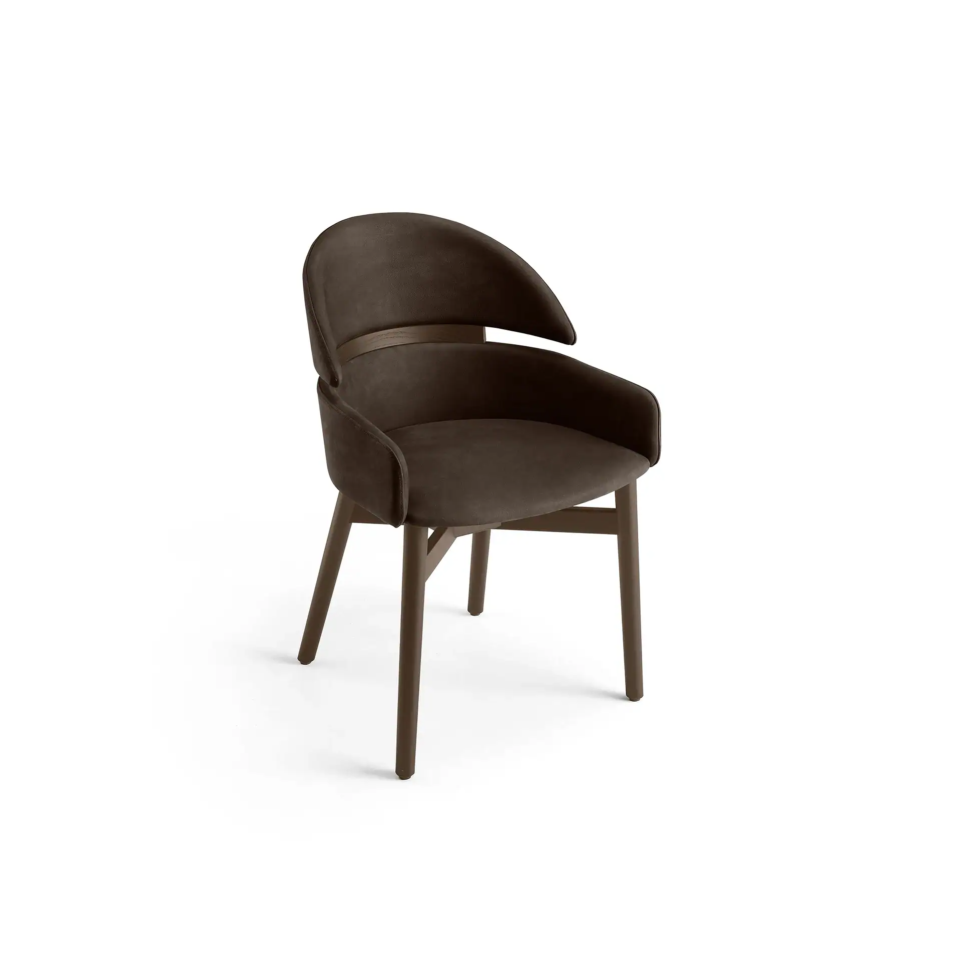Modern Lloyd dining chair with curved back and dark upholstery.