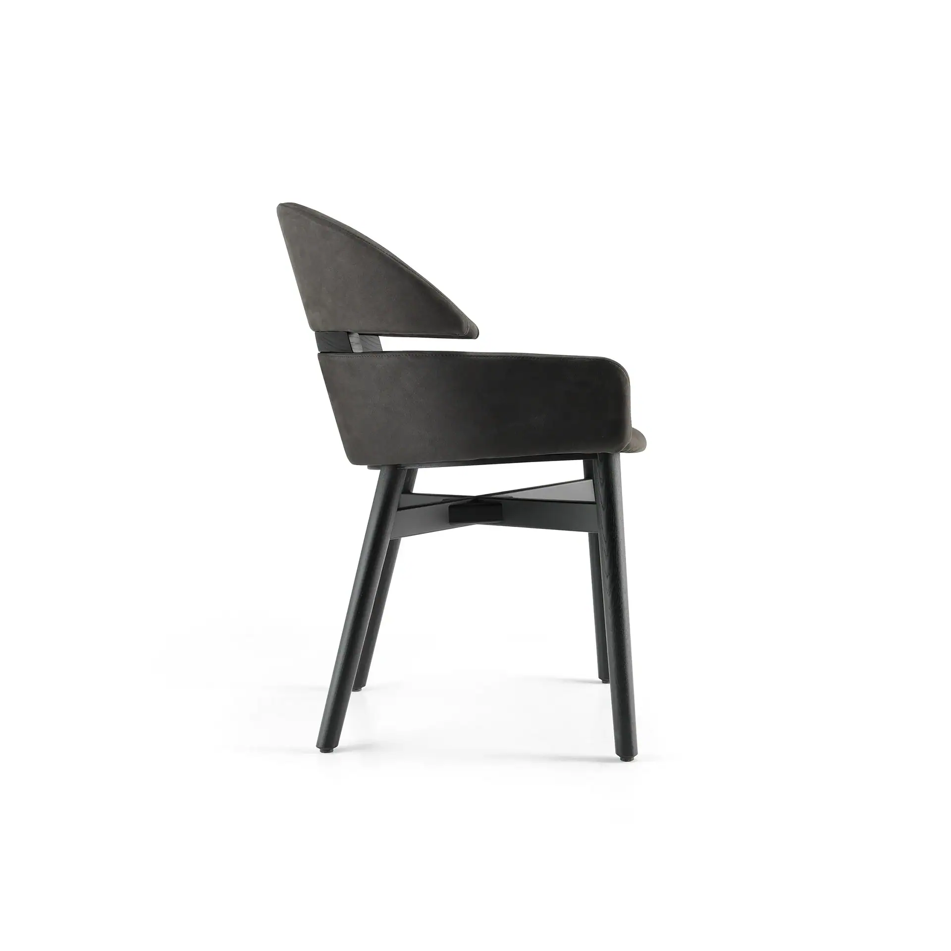 Modern black dining chair with upholstered seat and backrest.