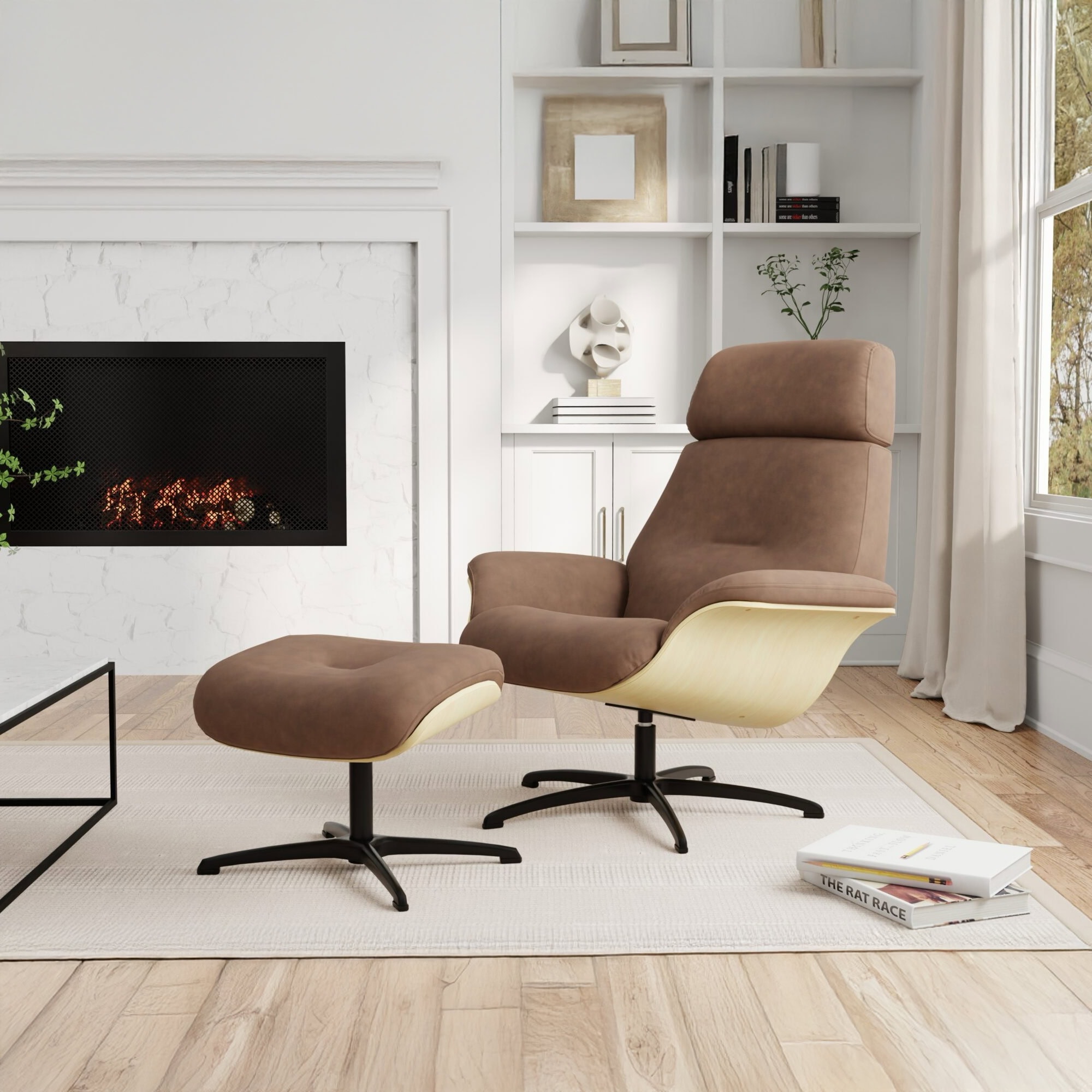 Fjords Falcon Recliner and ottoman in living room setting beside fireplace, upholstered in brown leather.
