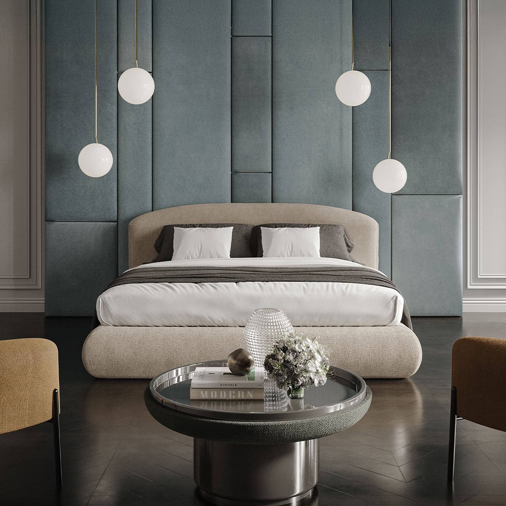 Quentin Upholstered Platform Bed in a contemporary bedroom with blue accent wall and modern lighting.