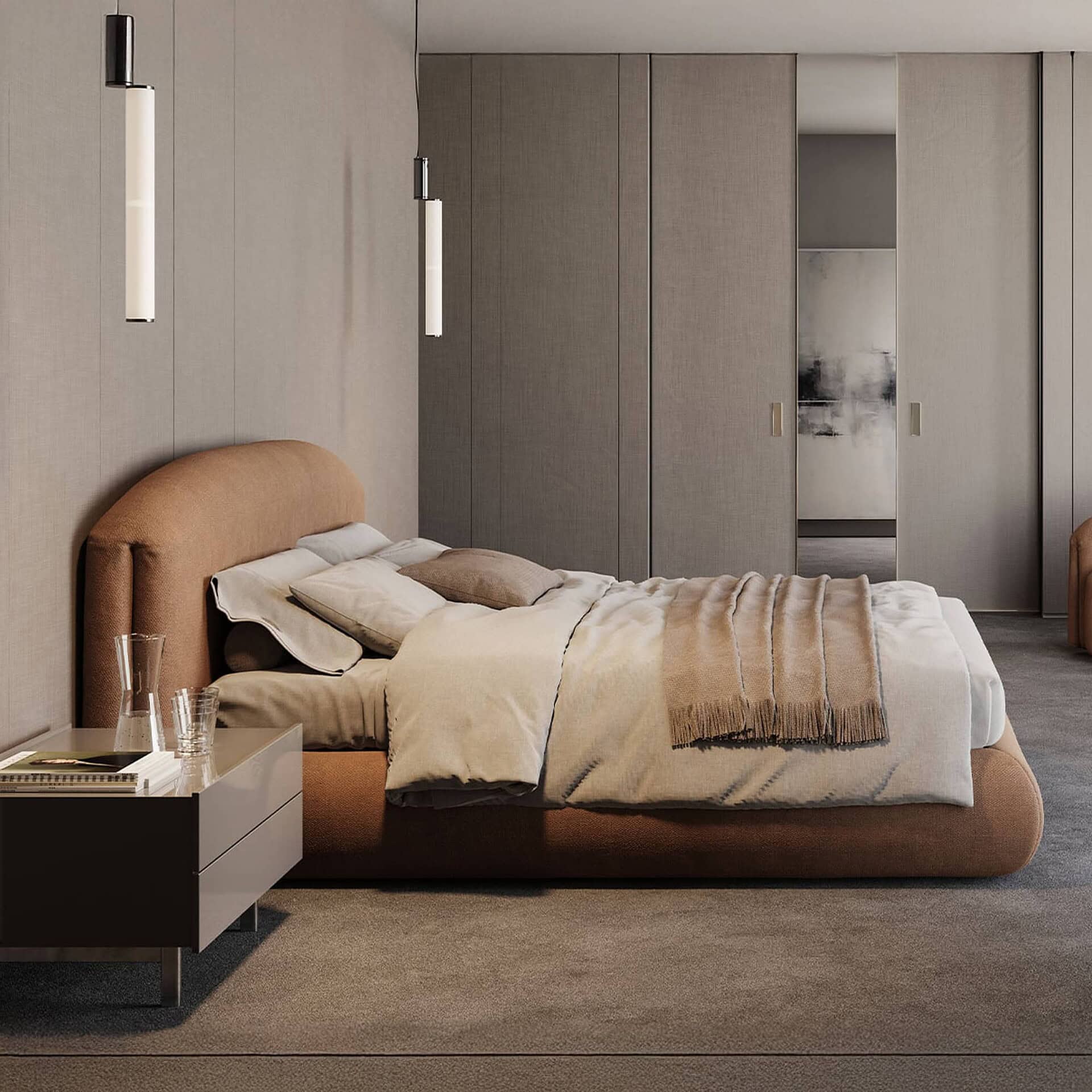 Quentin Upholstered Platform Bed styled in a warm, neutral bedroom with fireplace accents.