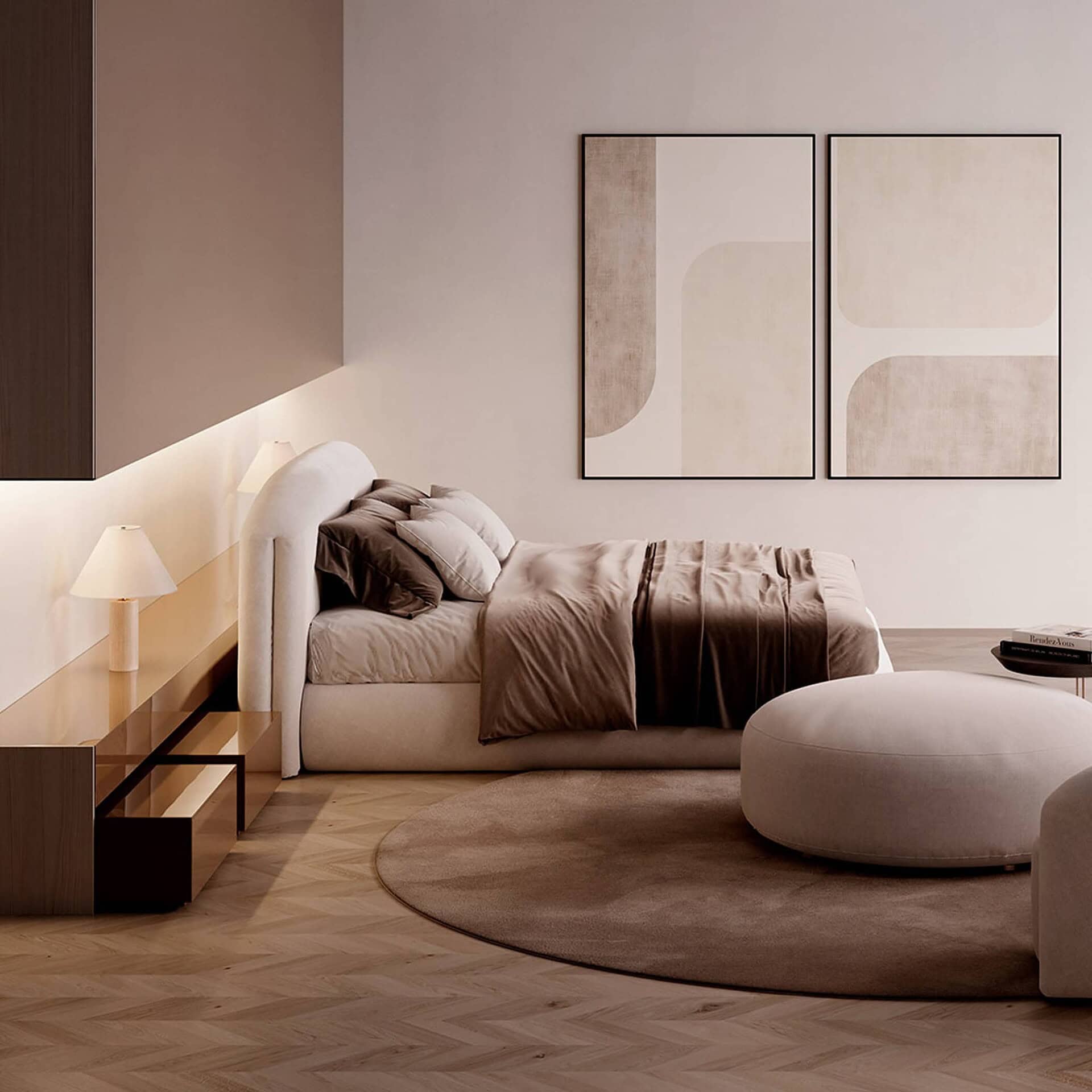 Quentin Upholstered Platform Bed in a soft beige setting with rounded décor and minimal styling.