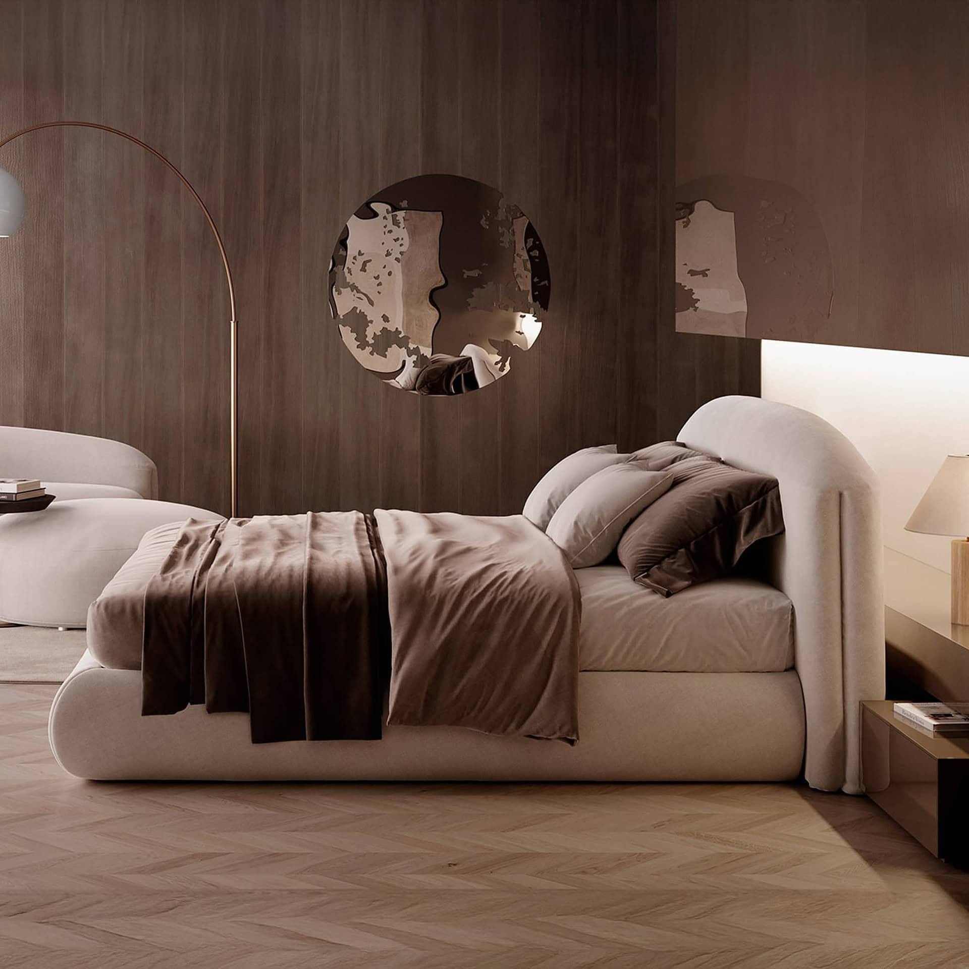 Quentin Upholstered Platform Bed in a modern bedroom with dark accent wall and circular mirror.