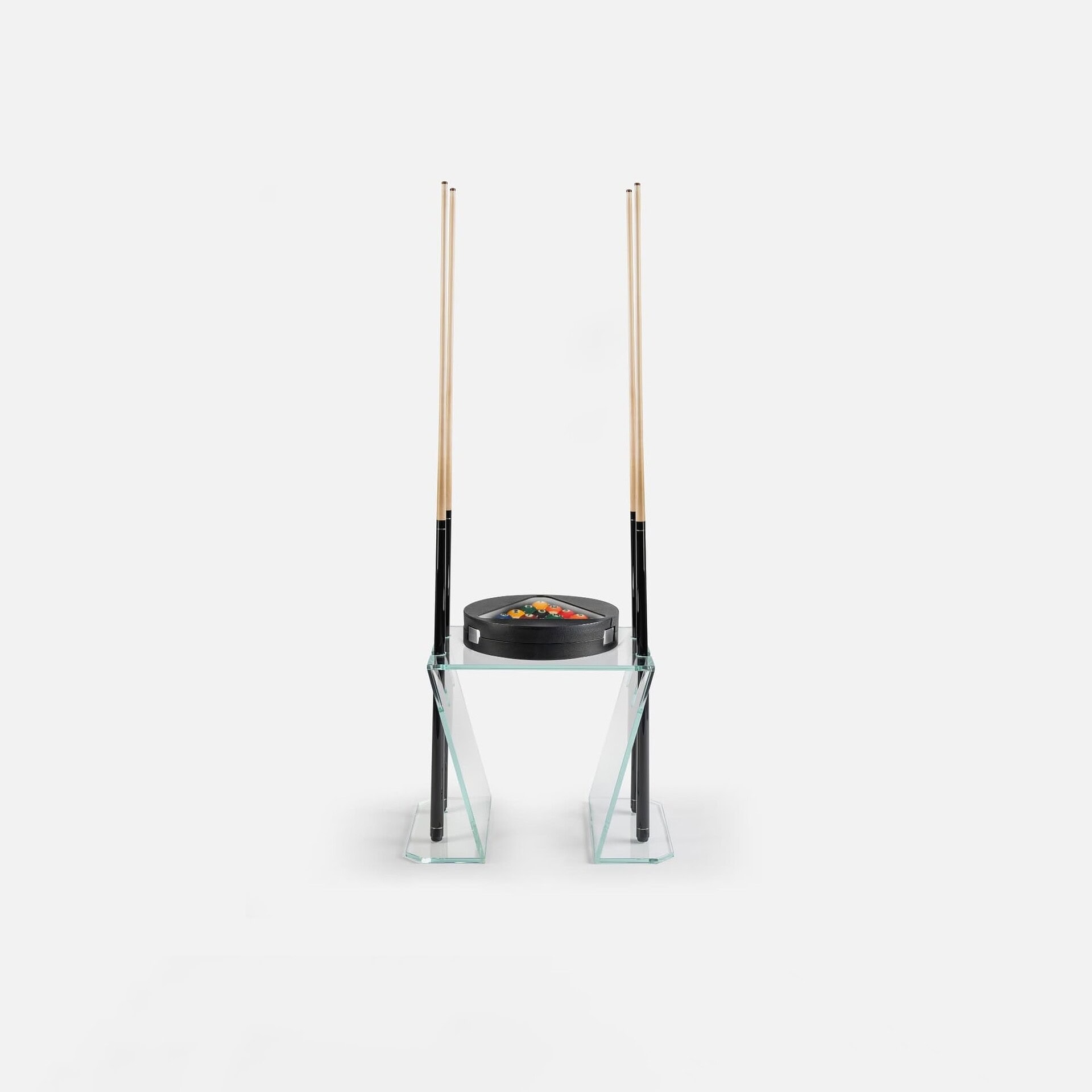 Sleek pool cue holder with glass and wood design, perfect for modern game rooms.