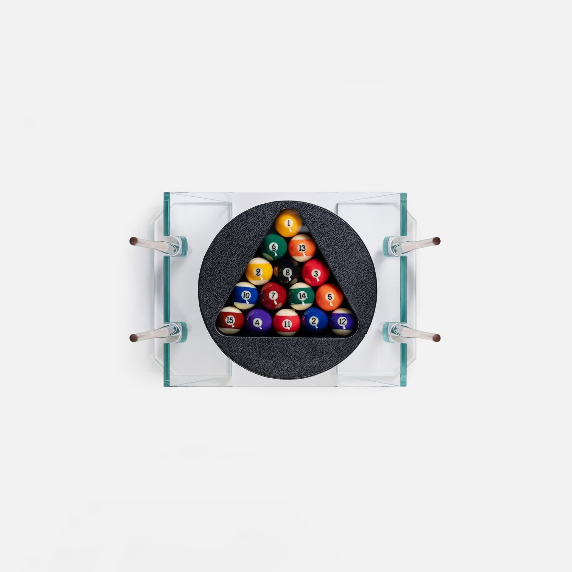 Vibrant pool balls arranged in a triangle on a pool table with modern glass racks.