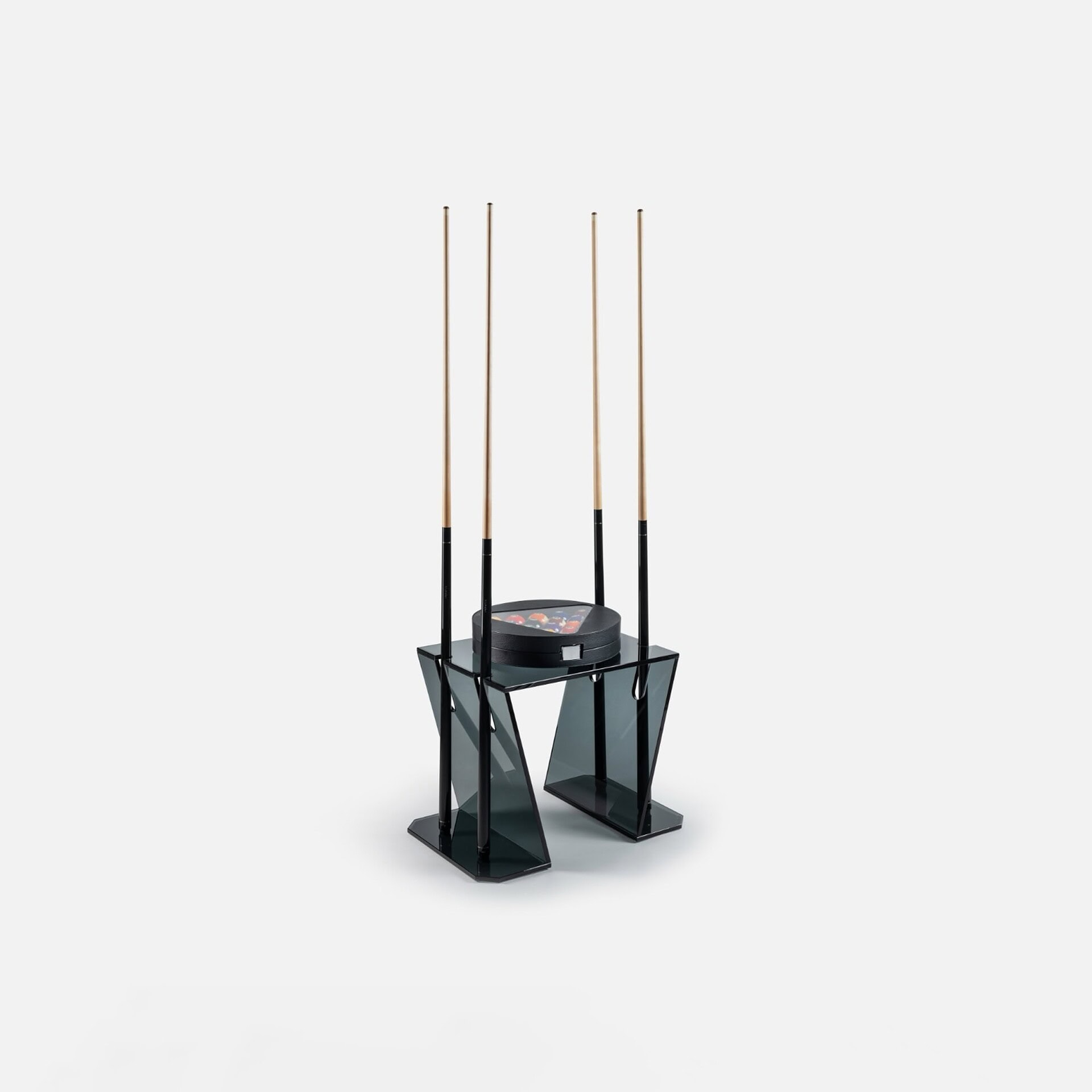 Modern pool cue rack with black glass and wooden cues for stylish game room decor.