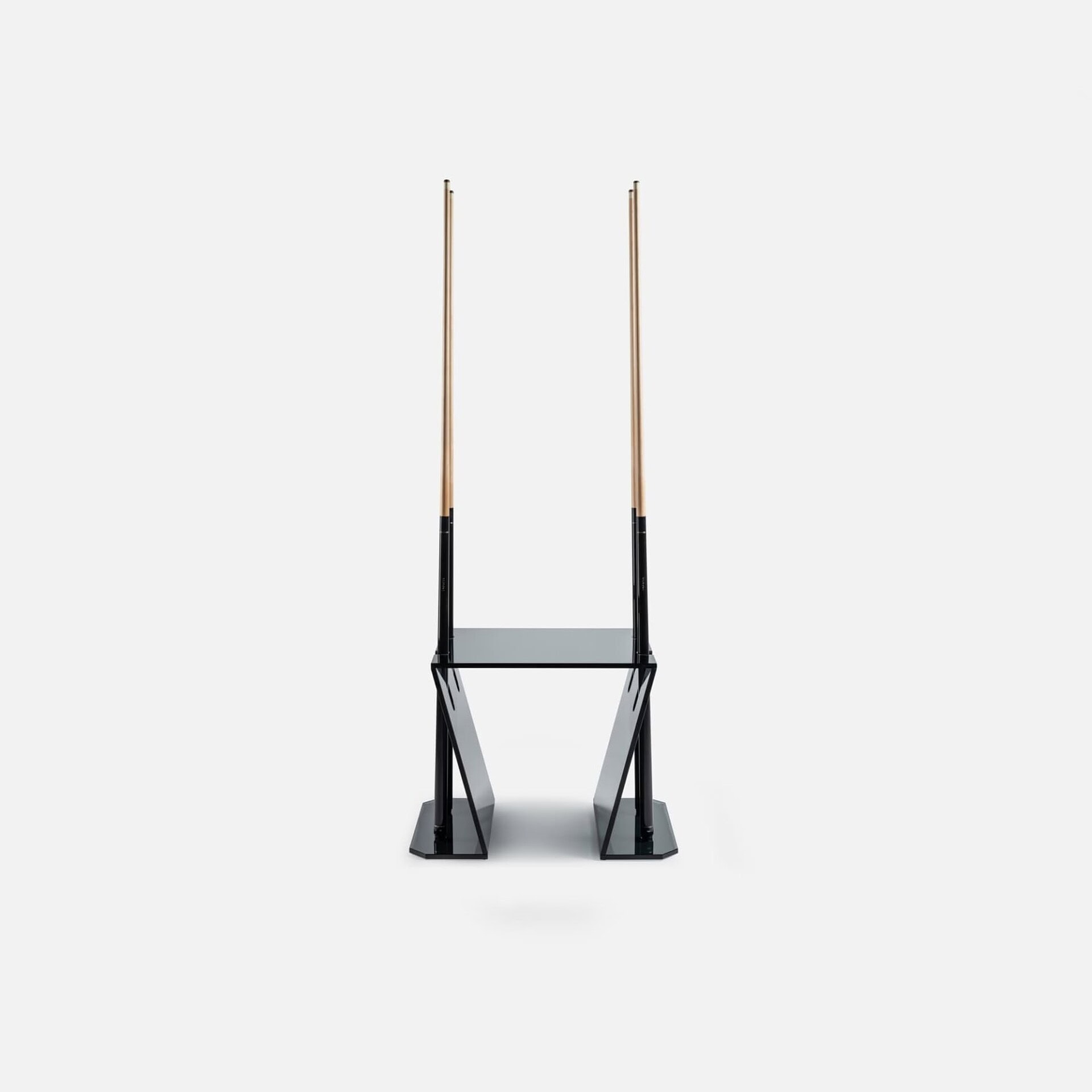 Modern black and wood pool cue holder with sleek design, perfect for stylish game rooms.