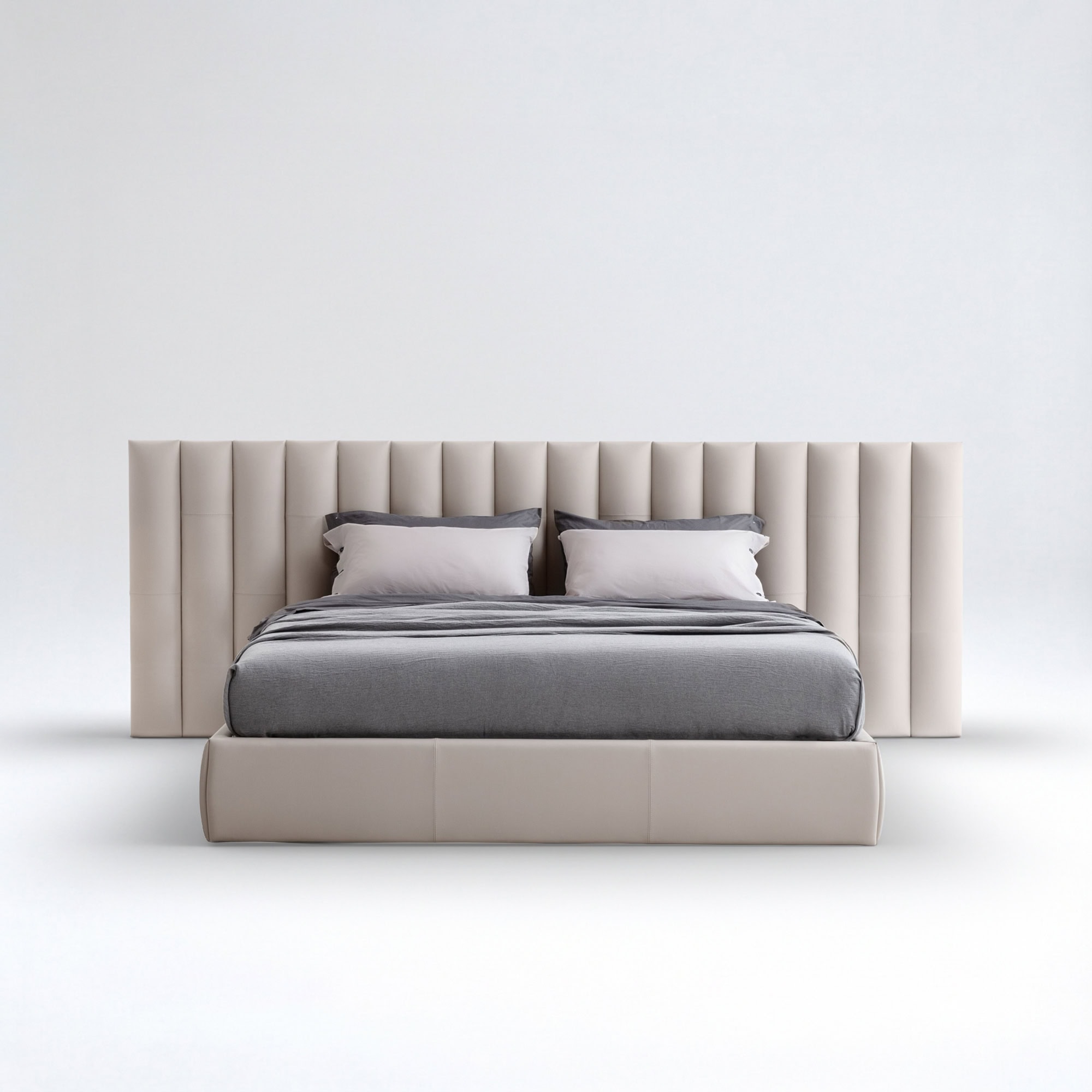Elegant Dafne upholstered bed with tall, tufted headboard in neutral tones.