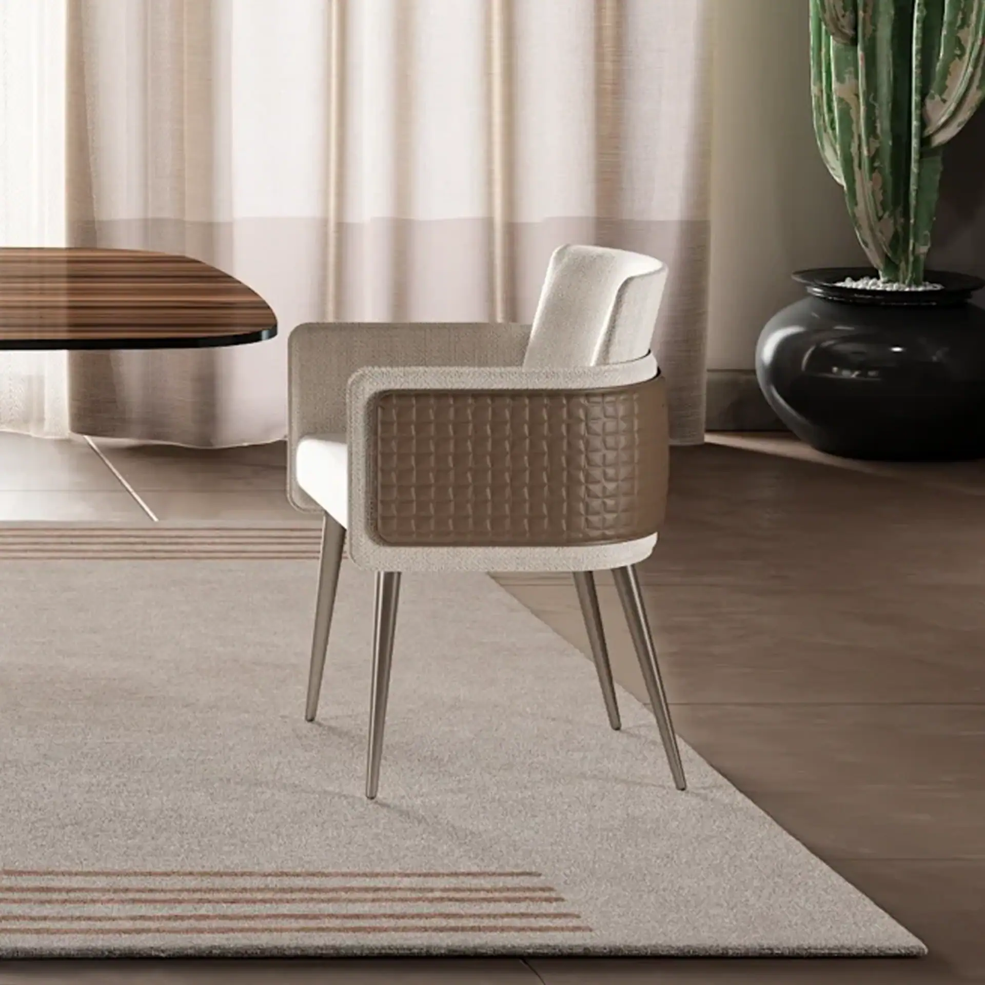 Stylish modern upholstered armchair with wooden legs and quilted backrest for contemporary interiors.