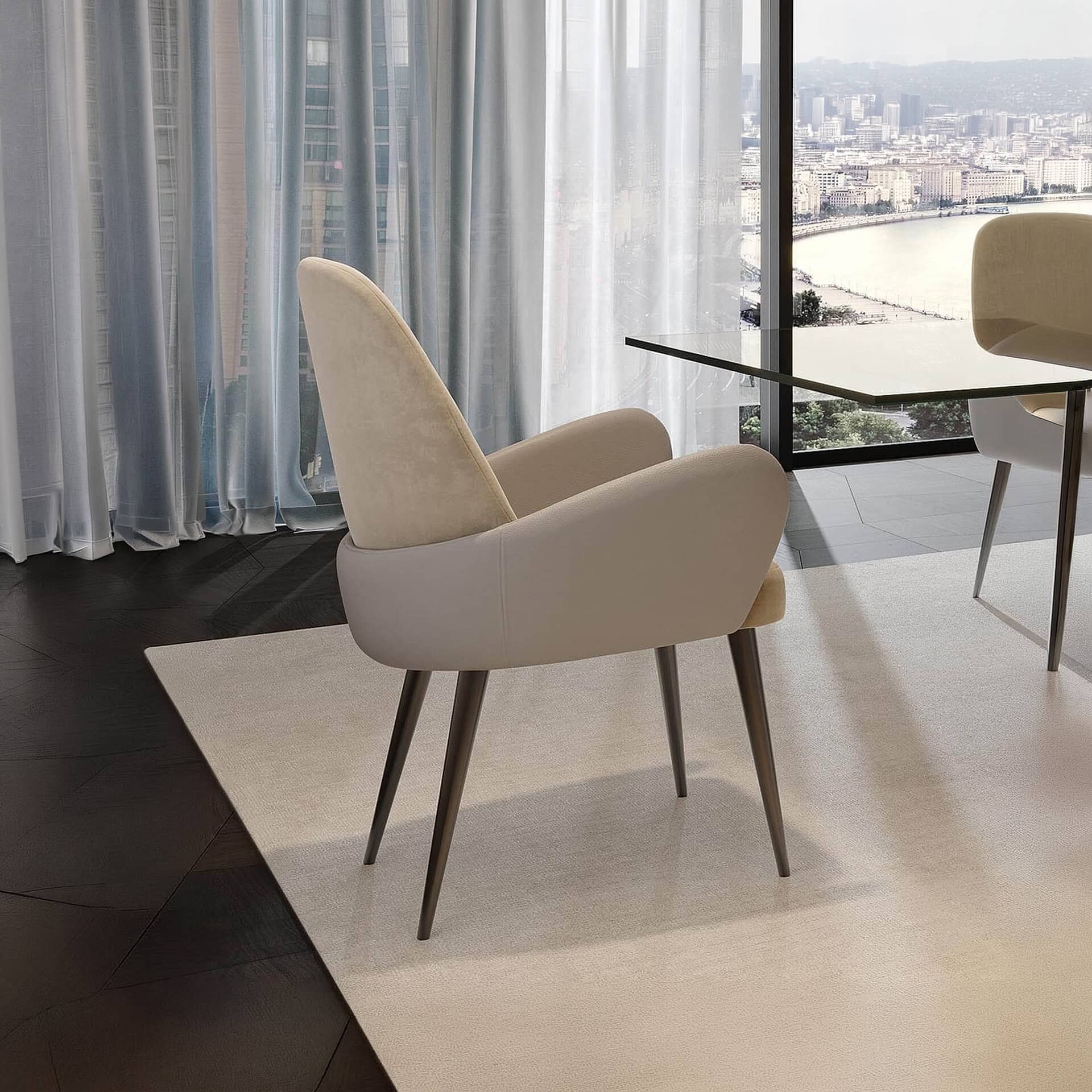 Elegant upholstered dining chair with a high back and wooden legs, perfect for modern dining rooms.
