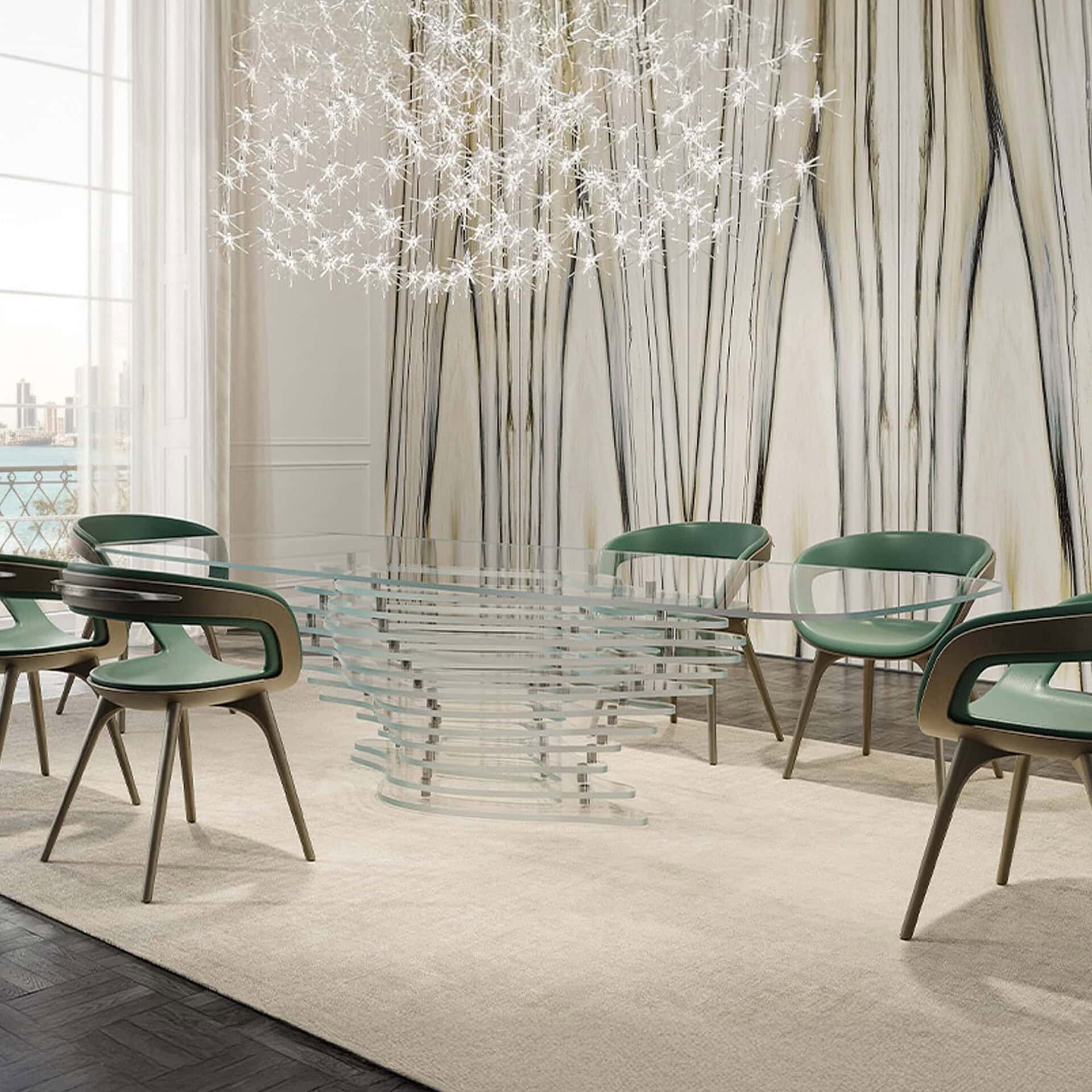 Dune 72 Sculptural Glass Dining Table styled in a modern dining room with green chairs and chandelier lighting.