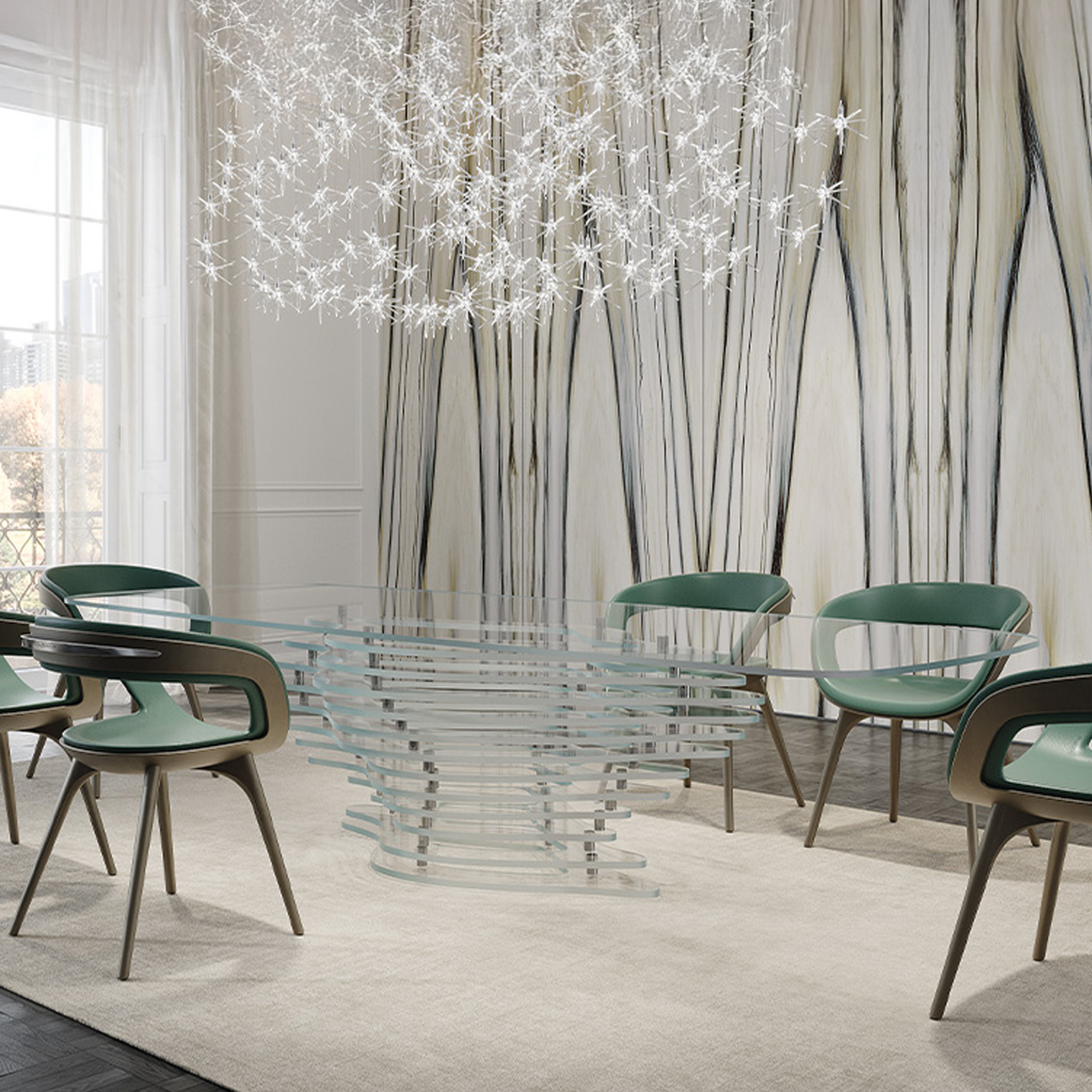 Dune 72 Dining Table styled in a modern dining room with green chairs and chandelier lighting.