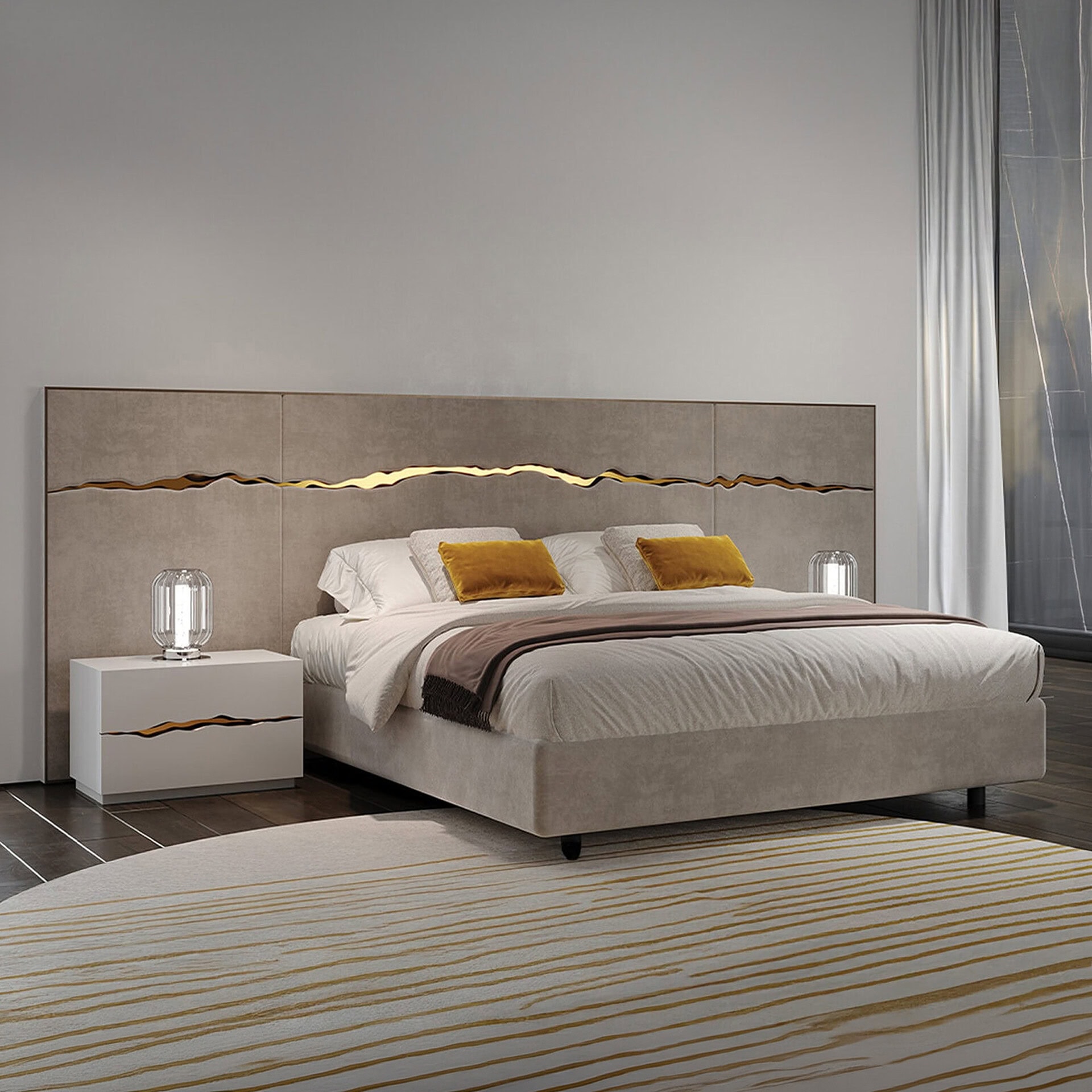 Elegant impact upholstered platform bed with gold accents and neutral tones.