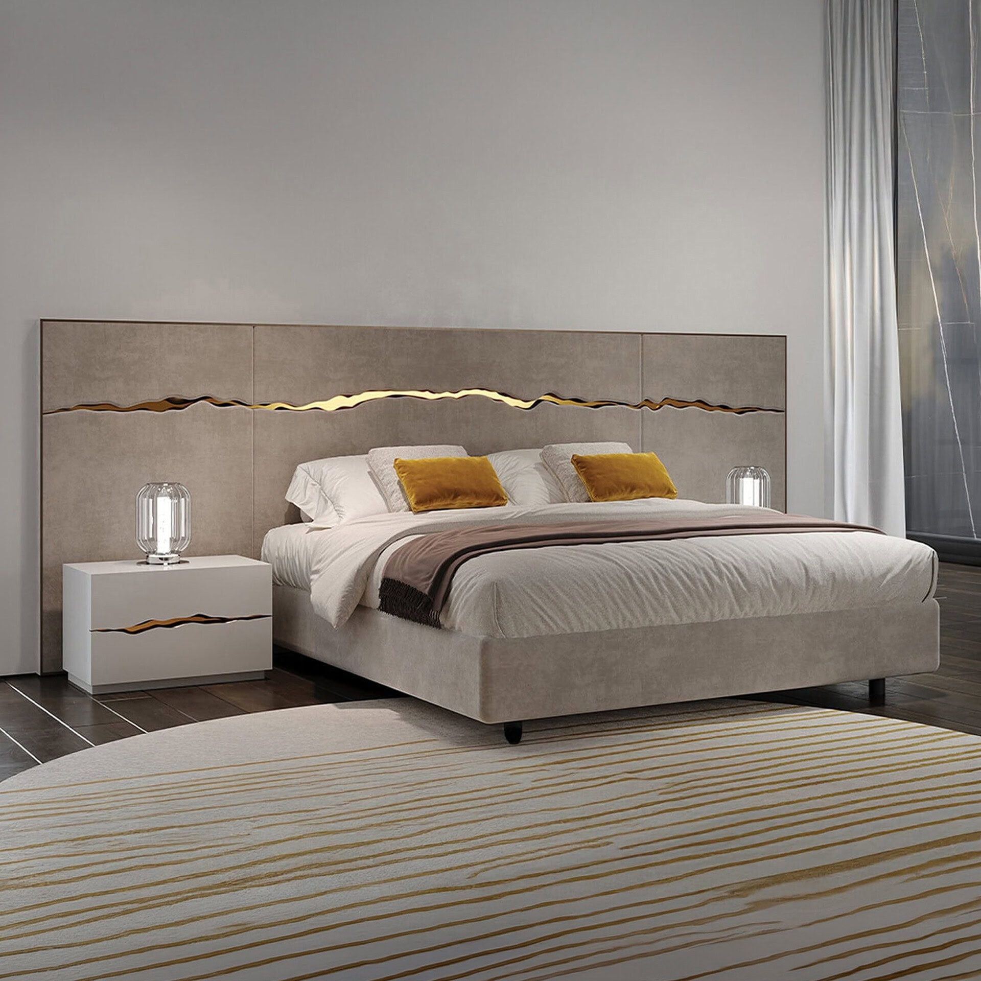 Elegant impact upholstered platform bed with gold accents and neutral tones.