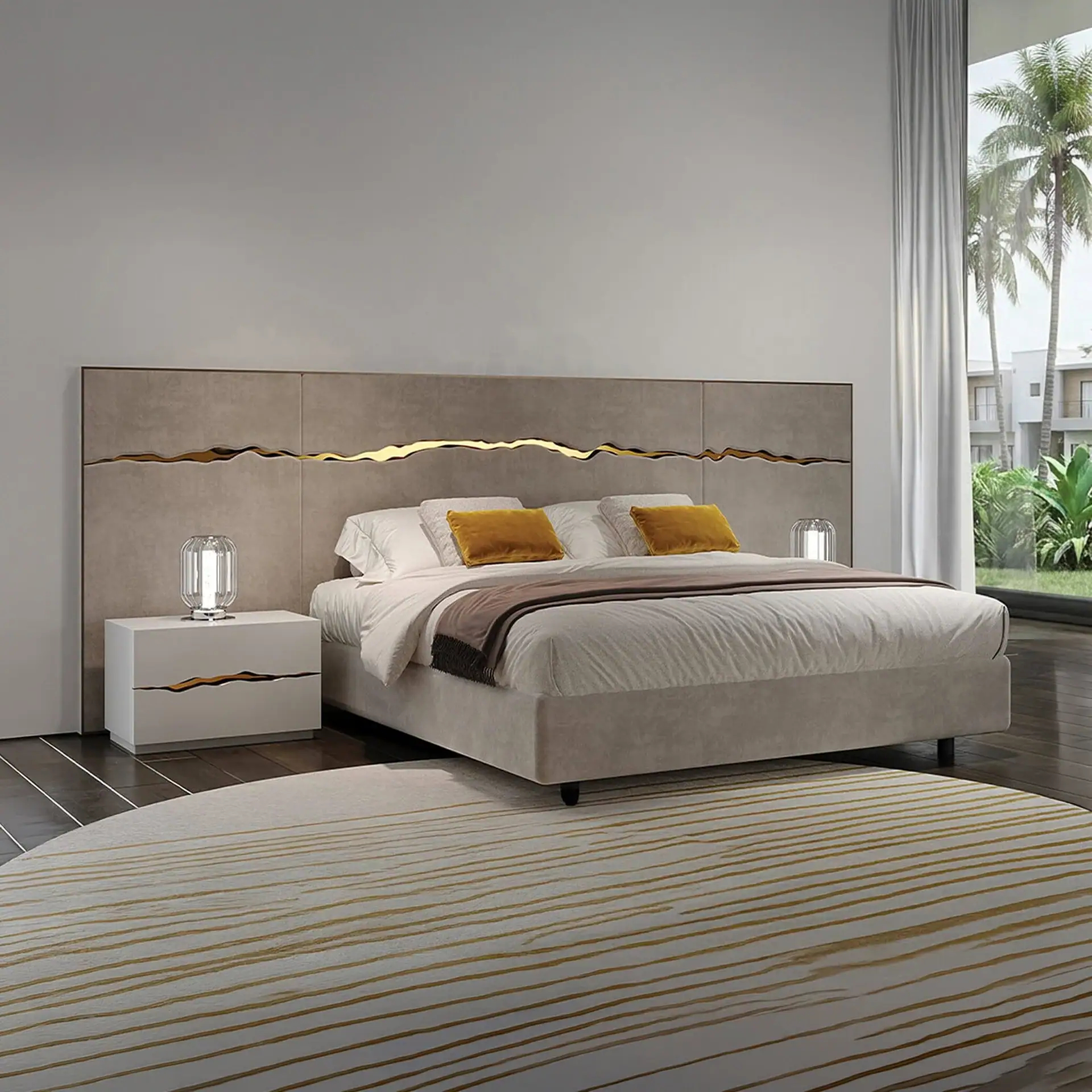 Elegant impact upholstered platform bed with gold accents and neutral tones.