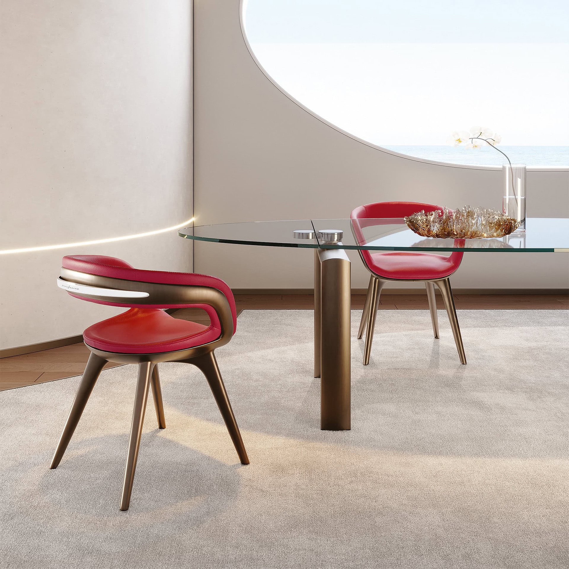 Dining room setting featuring Nido Wood Dining Chairs in red leather around a modern glass dining table by Reflex Angelo..